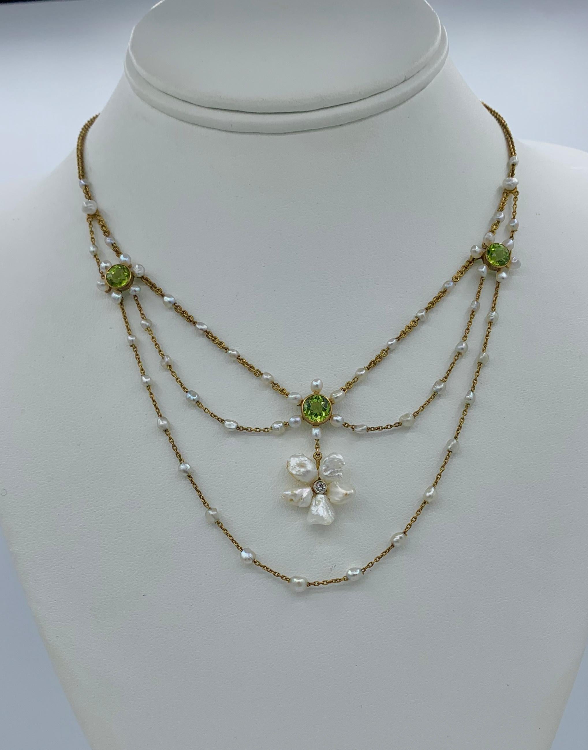 Edwardian Peridot Old Mine Diamond Pearl Festoon Swag Necklace Antique Gold For Sale 1