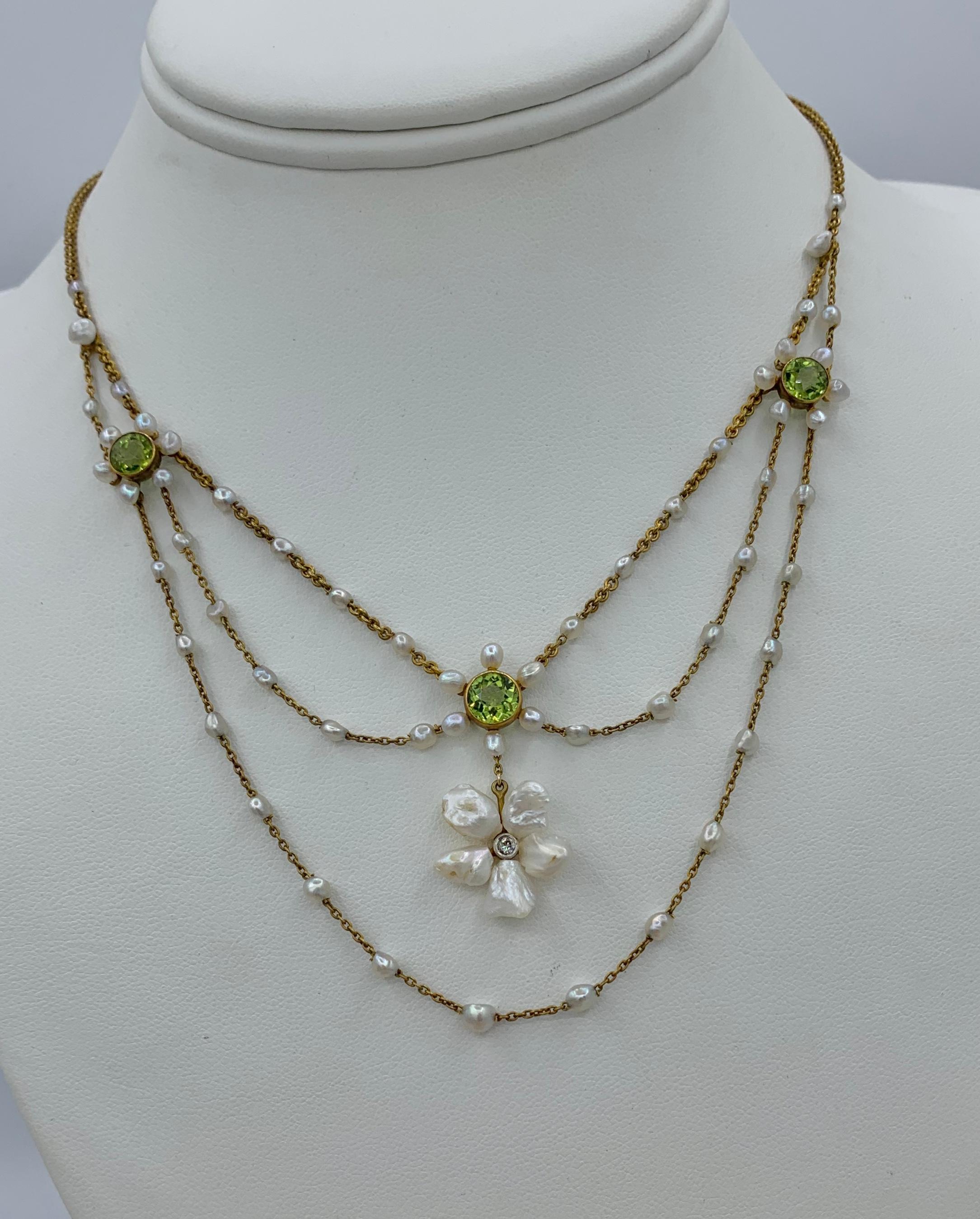 Edwardian Peridot Old Mine Diamond Pearl Festoon Swag Necklace Antique Gold For Sale 2