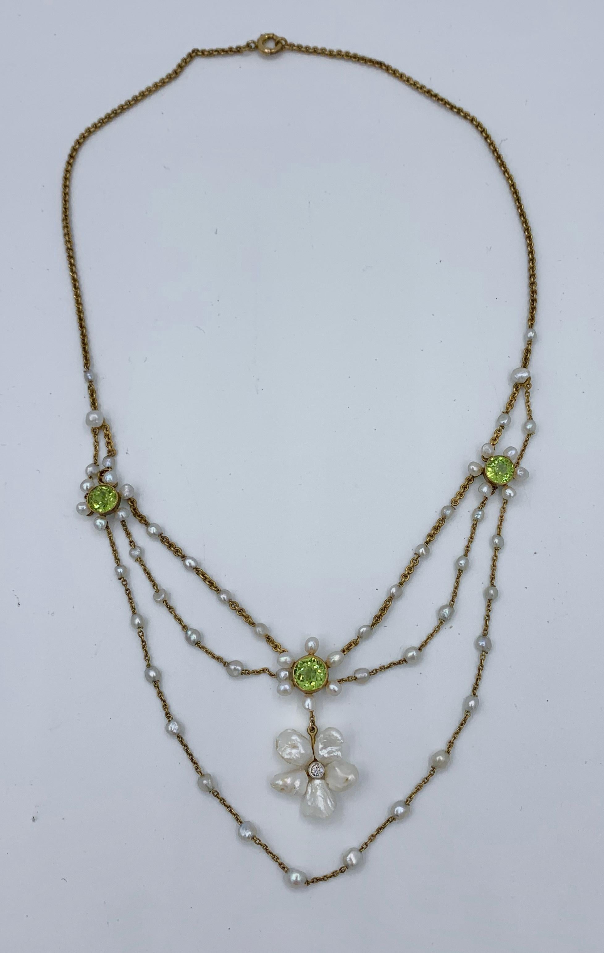 Edwardian Peridot Old Mine Diamond Pearl Festoon Swag Necklace Antique Gold For Sale 3