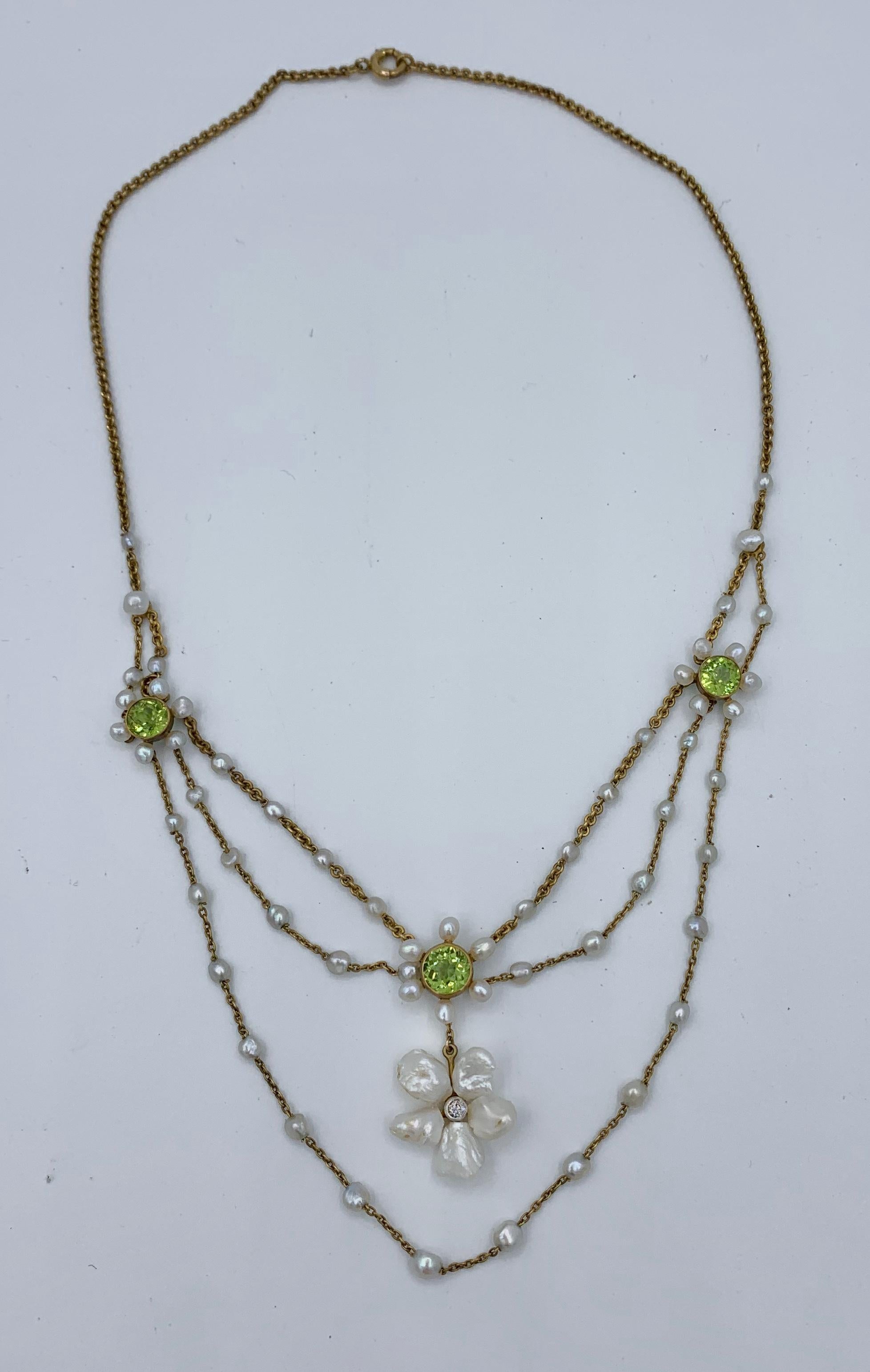 Edwardian Peridot Old Mine Diamond Pearl Festoon Swag Necklace Antique Gold For Sale 3
