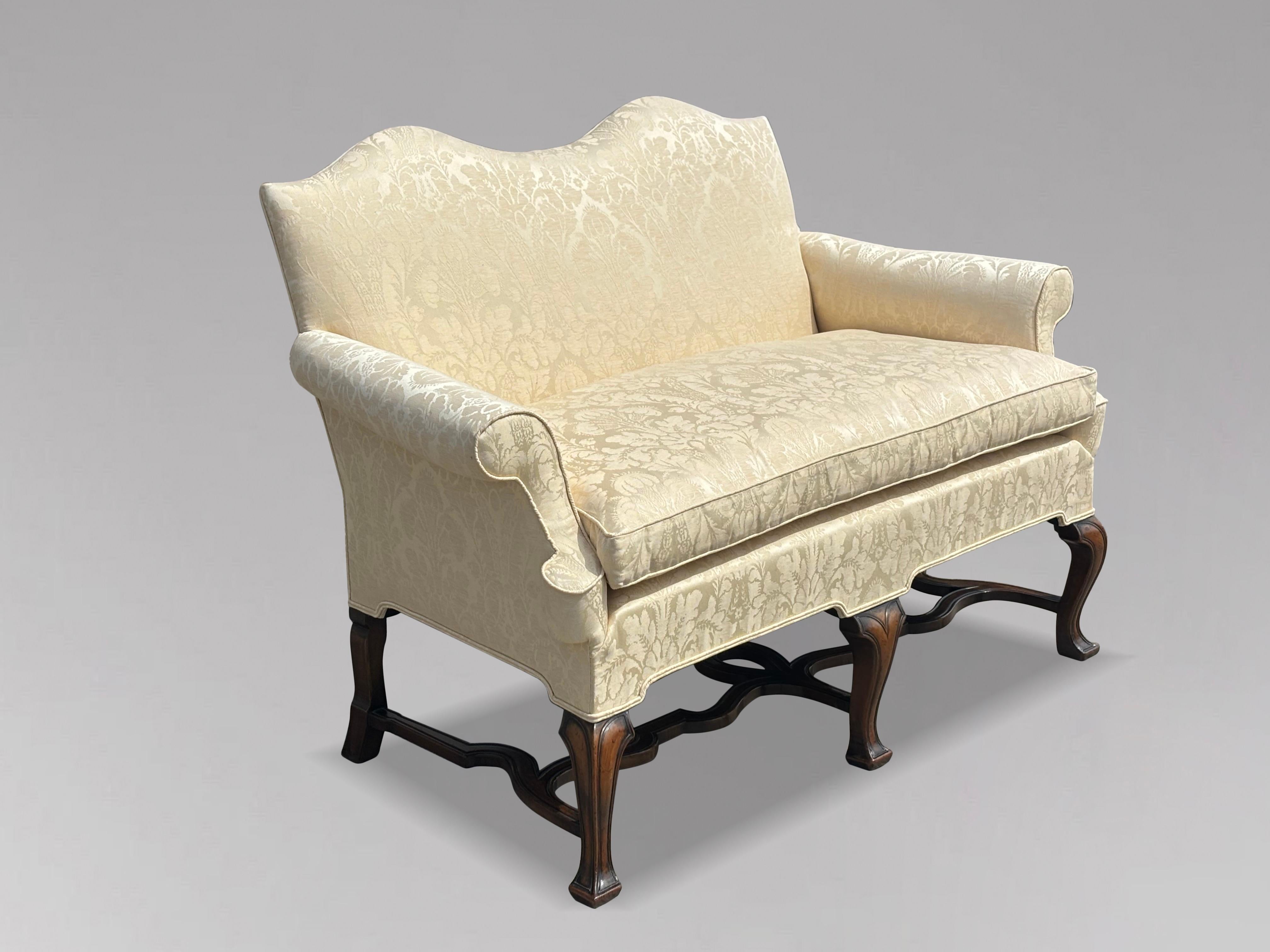 Edwardian Period Carved Walnut Upholstered Settee of the Queen Anne Style For Sale 4