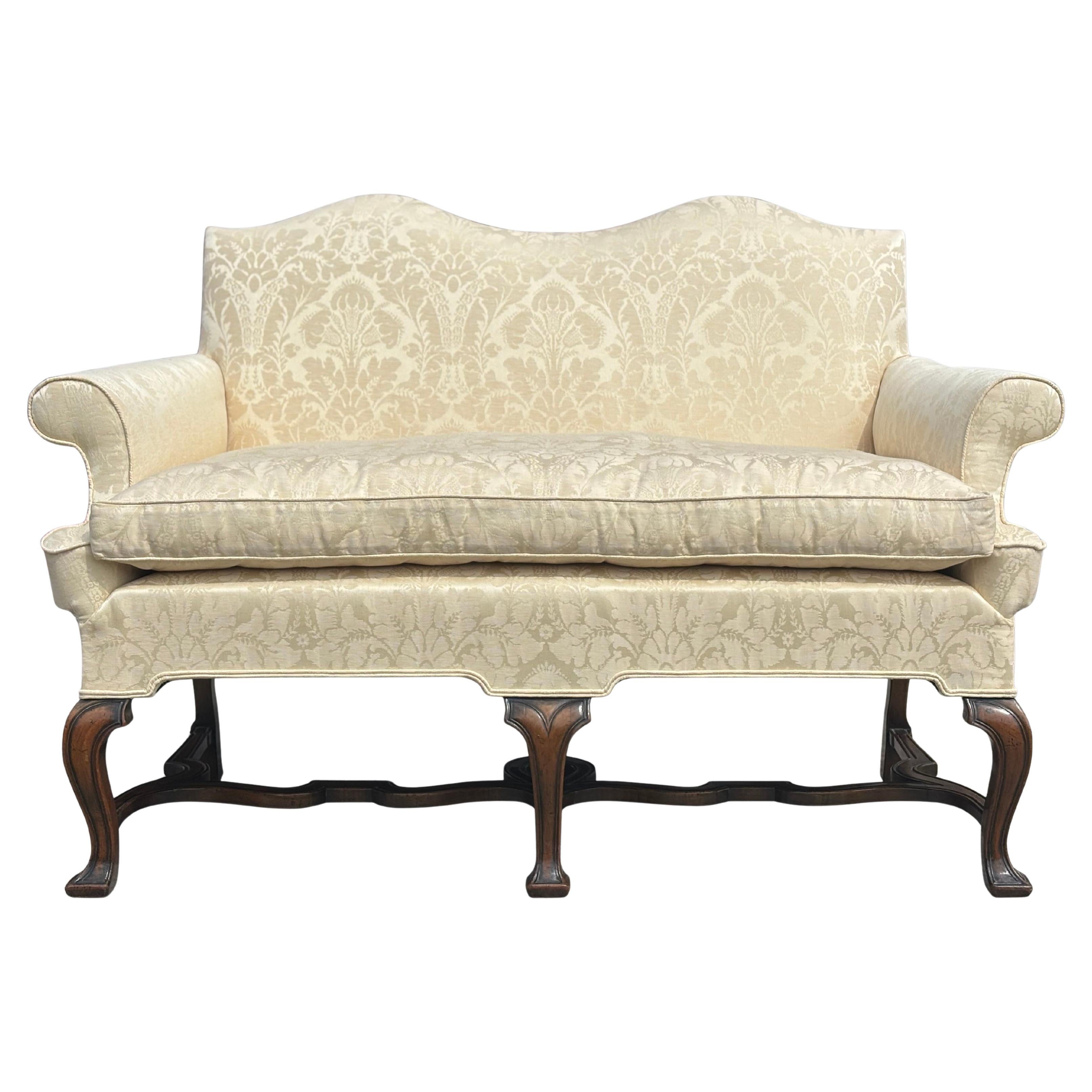 Edwardian Period Carved Walnut Upholstered Settee of the Queen Anne Style For Sale