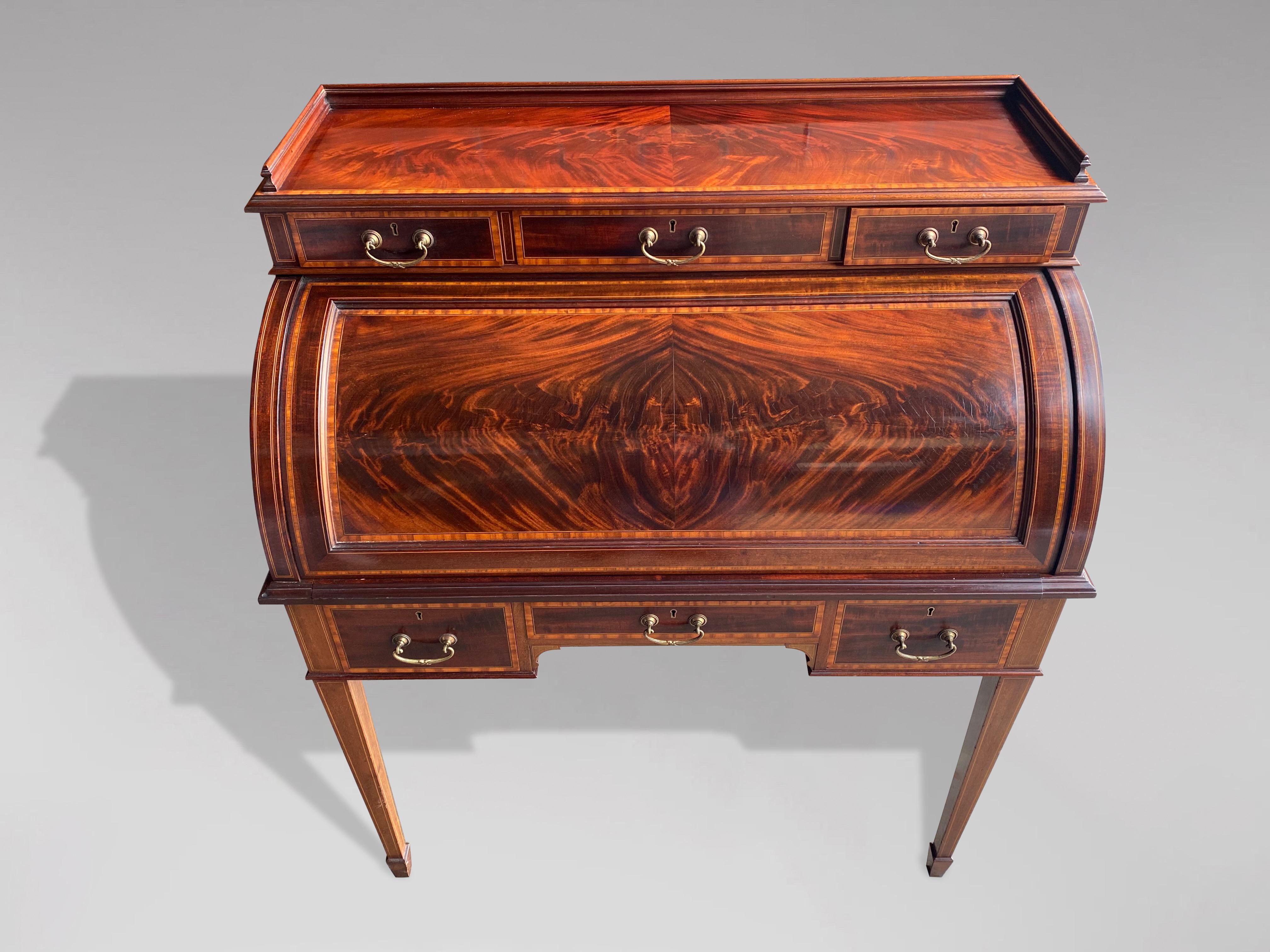 Brass Edwardian Period Mahogany Cylinder Desk by Maple & Co