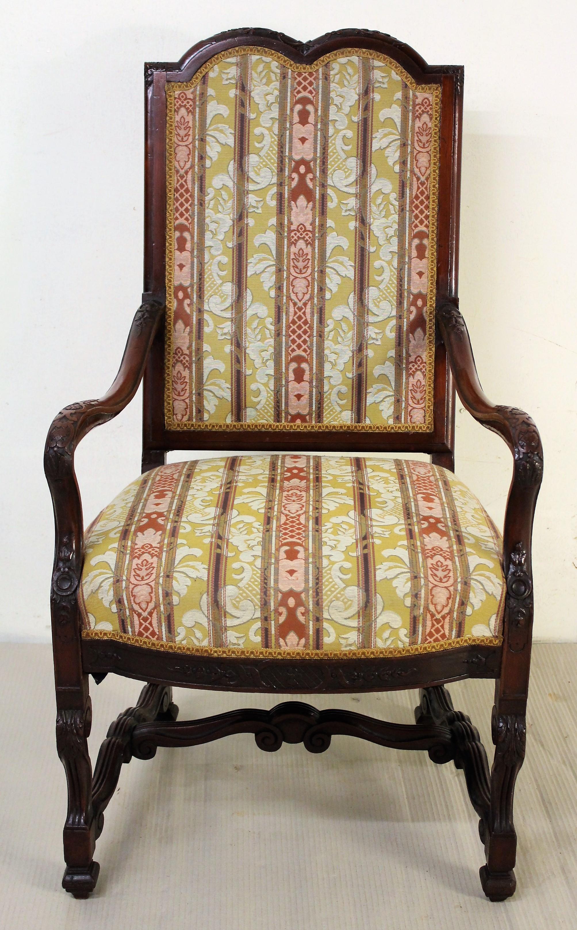 English Edwardian Period Pair of Carved Mahogany Upholstered Armchairs