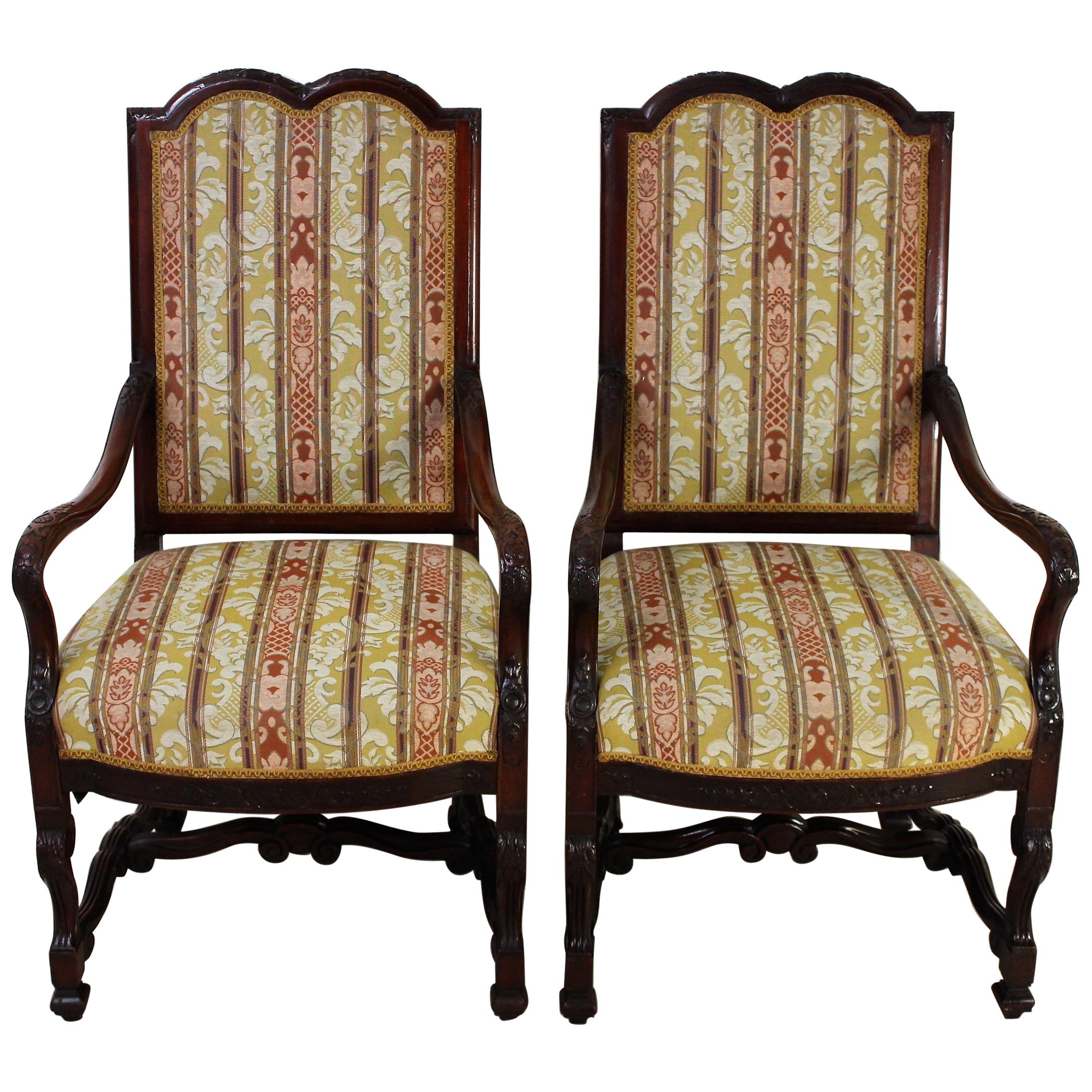 Edwardian Period Pair of Carved Mahogany Upholstered Armchairs