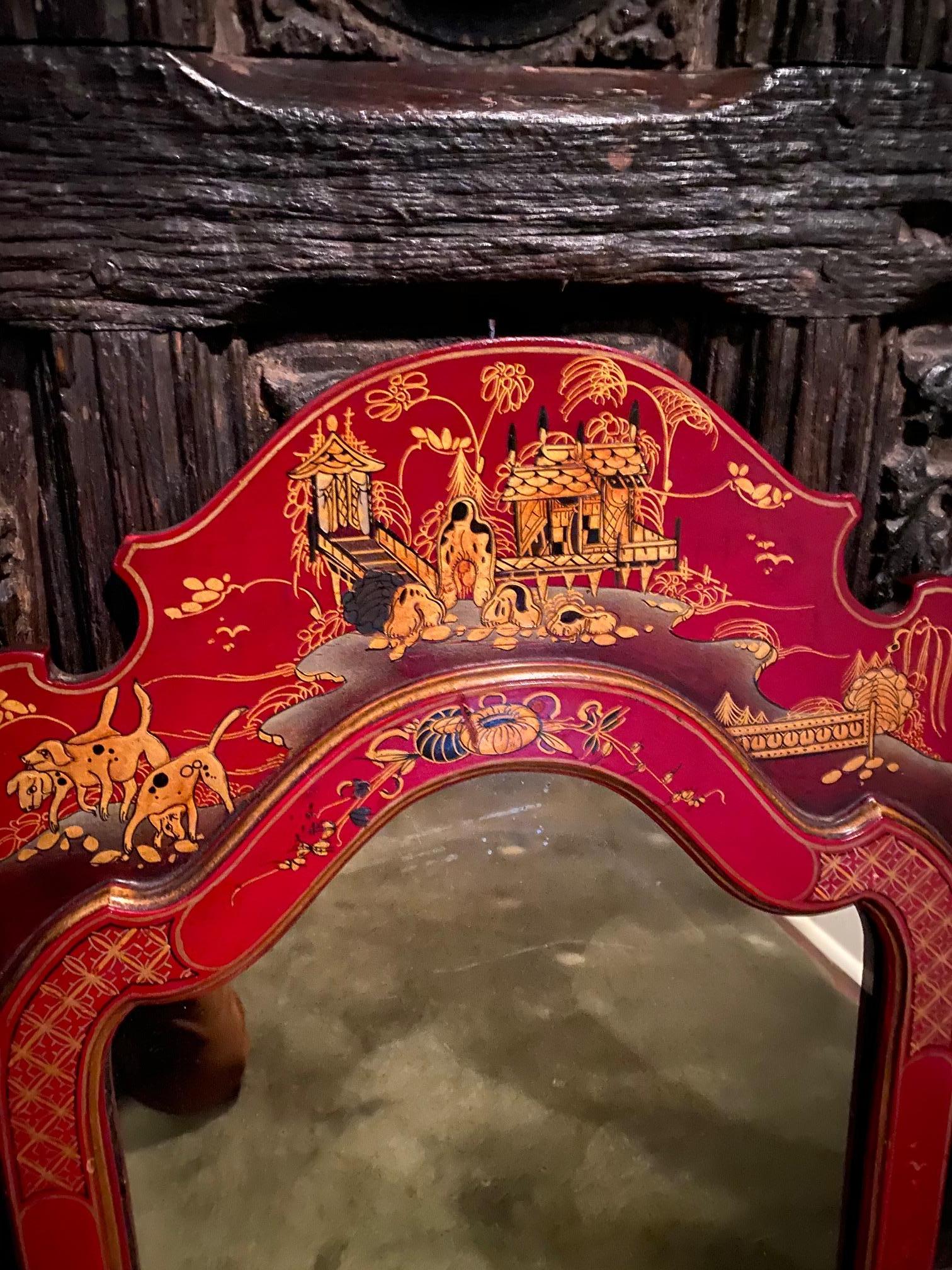 Attractive red lacquered hanging/toilet mirror in the Queen Anne chinoiserie taste,
circa 1900.
Measures: 32