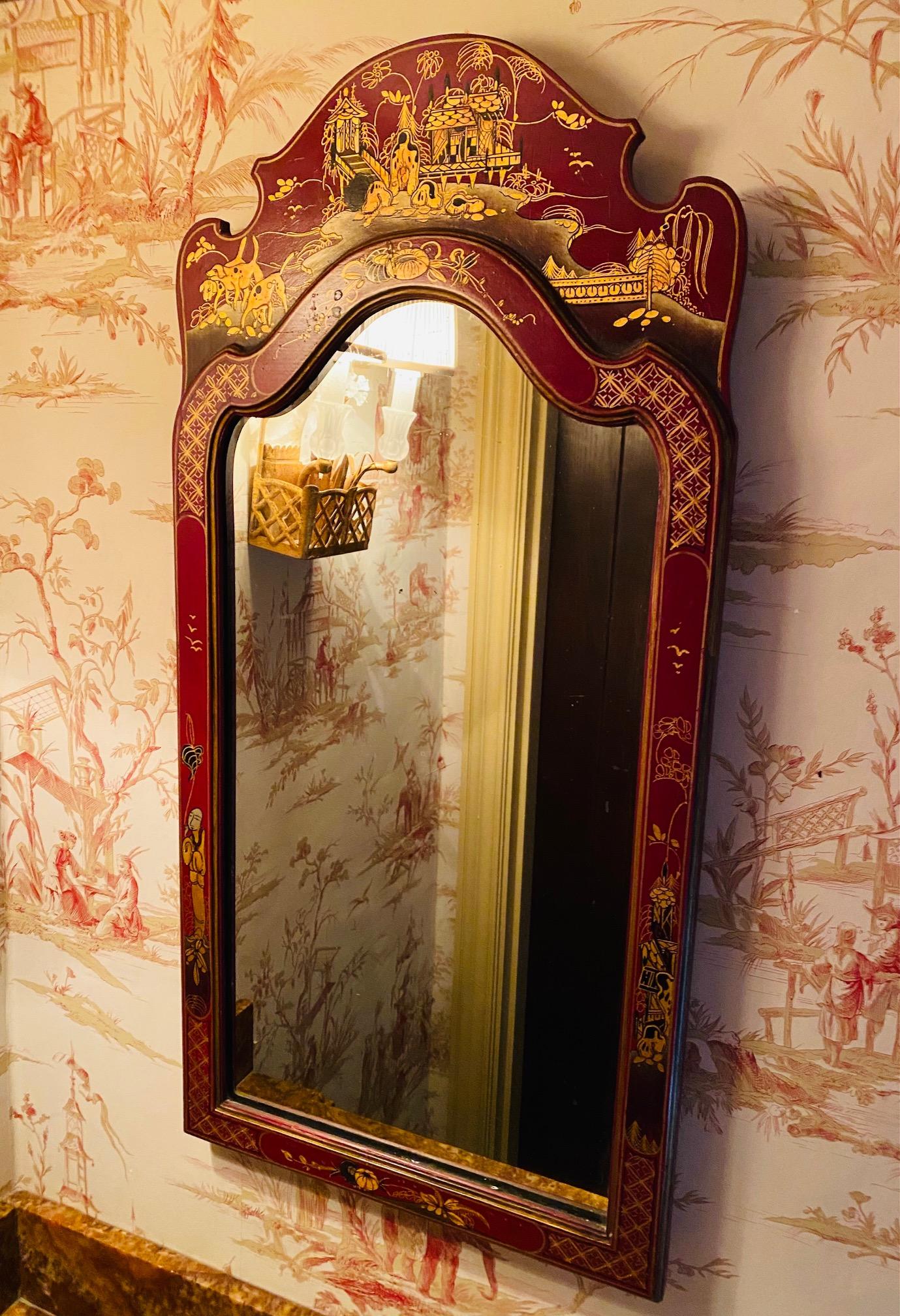 English Edwardian Period Red Chinoiserie Mirror in the Queen Anne Taste