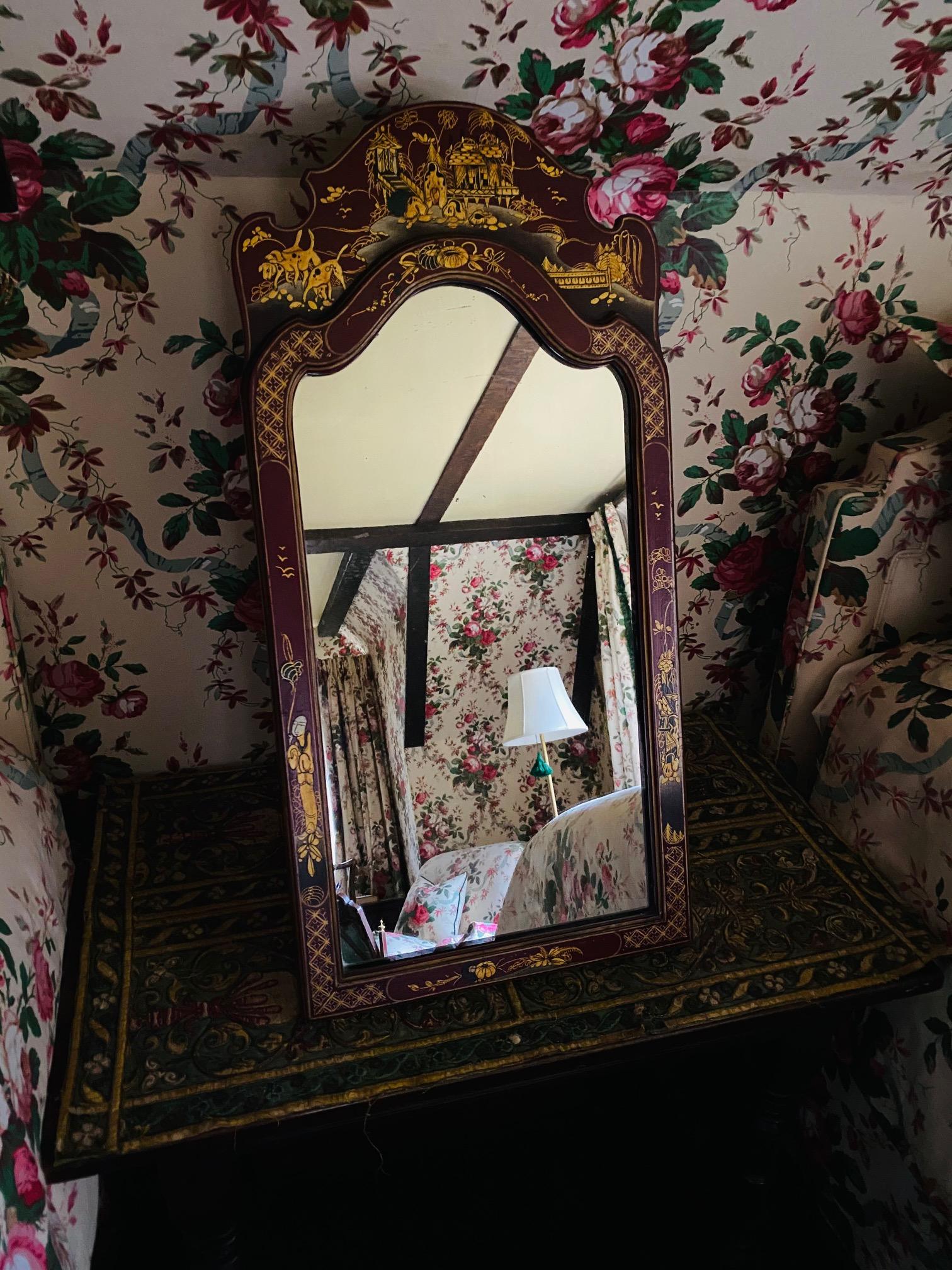 Japanned Edwardian Period Red Chinoiserie Mirror in the Queen Anne Taste