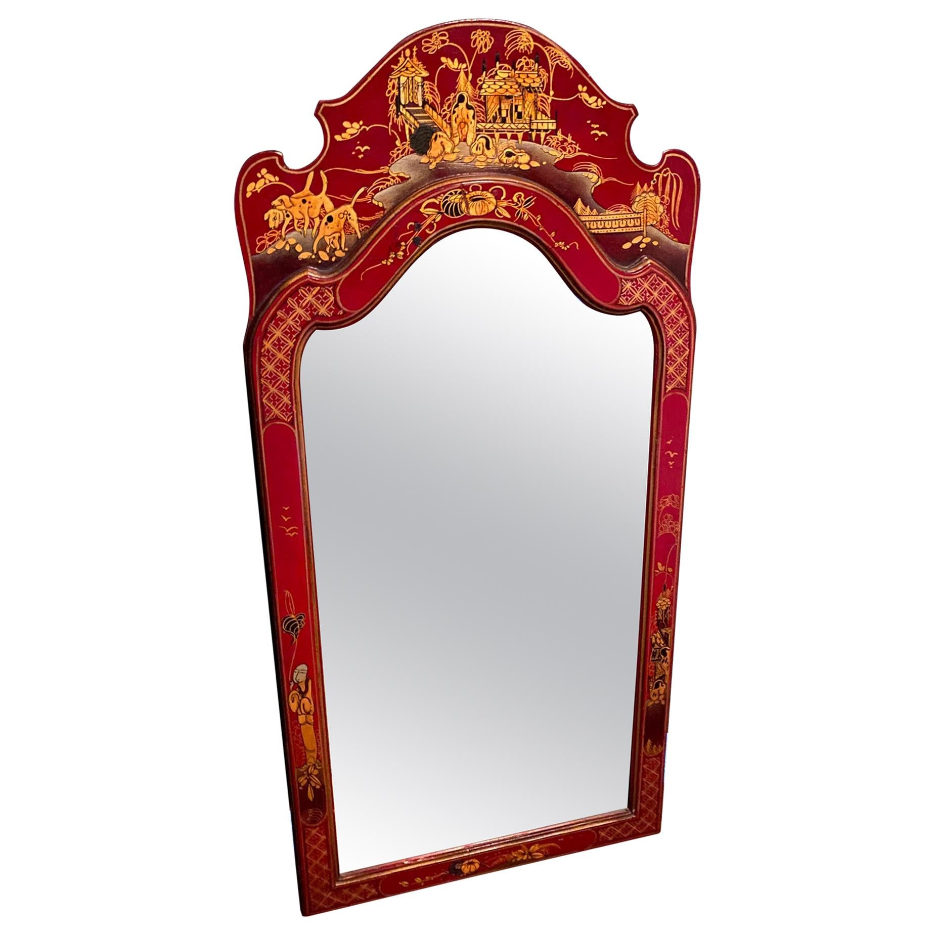 Edwardian Period Red Chinoiserie Mirror in the Queen Anne Taste