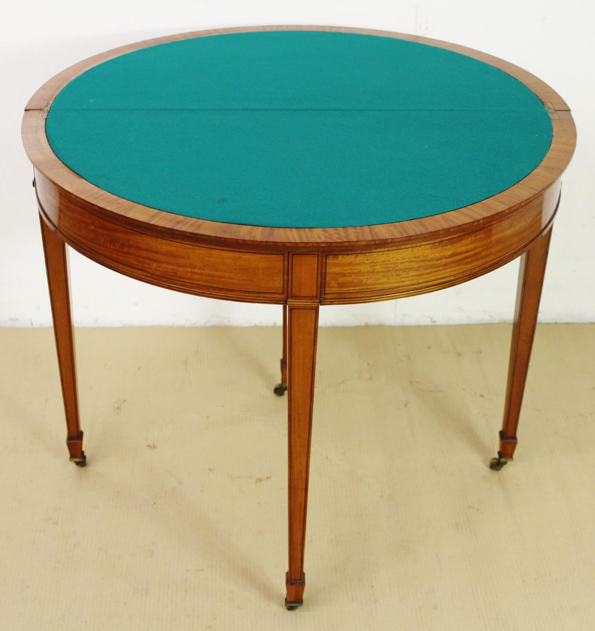 Edwardian Period Sheraton Style Inlaid Satinwood Demilune Card Table In Good Condition In Poling, West Sussex