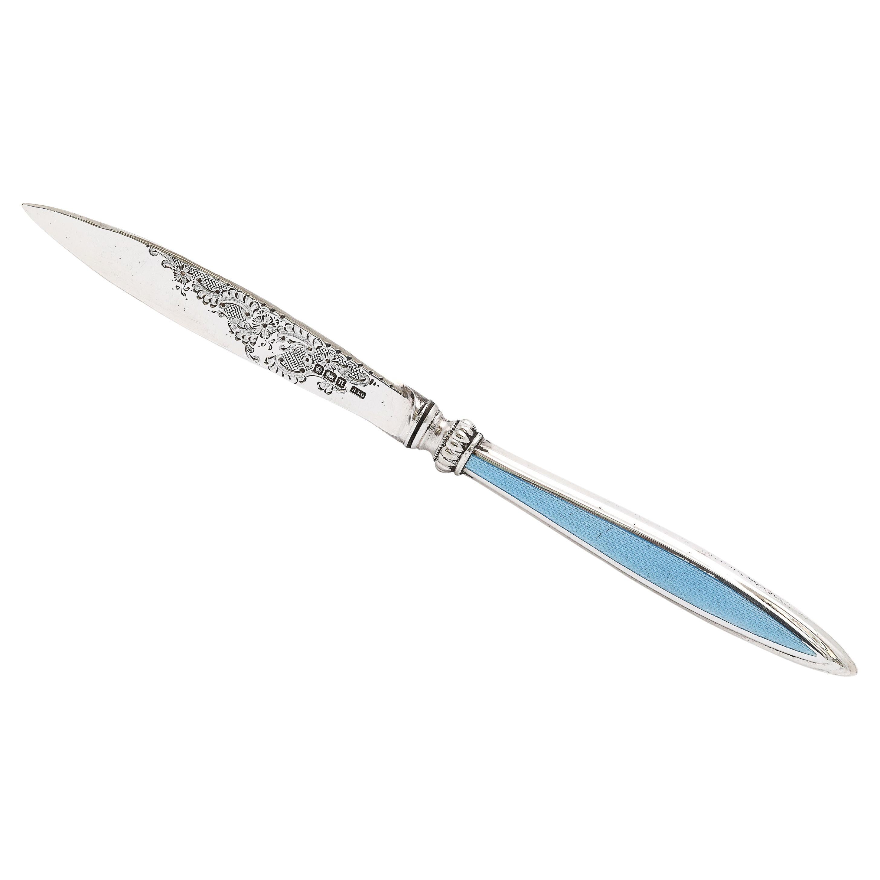 Edwardian Period, sterling silver and Blue Guilloche Enamel Letter Opener