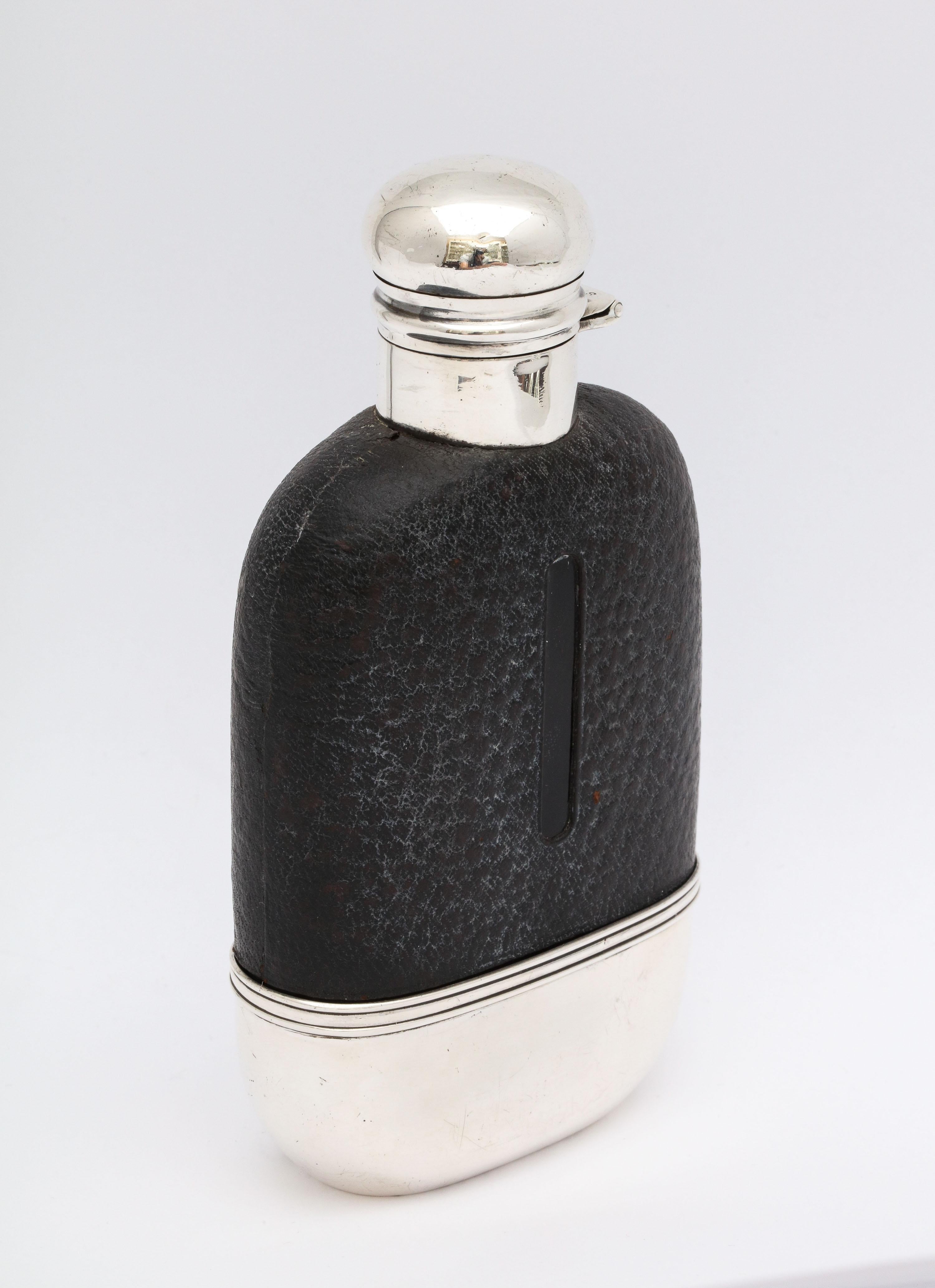 Edwardian Period Sterling Silver and Leather, Mounted Glass Flask 3