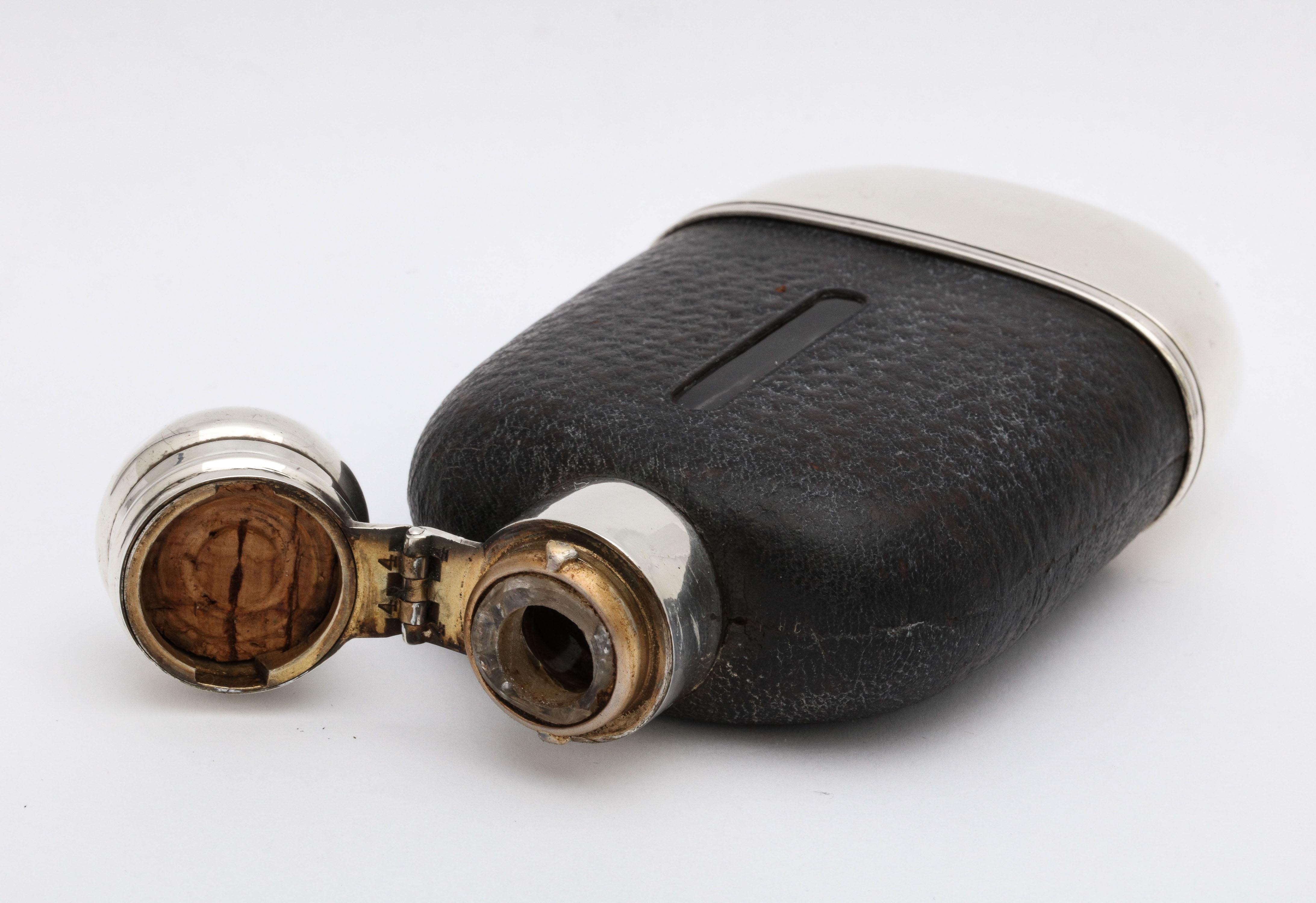 Edwardian Period Sterling Silver and Leather, Mounted Glass Flask 5
