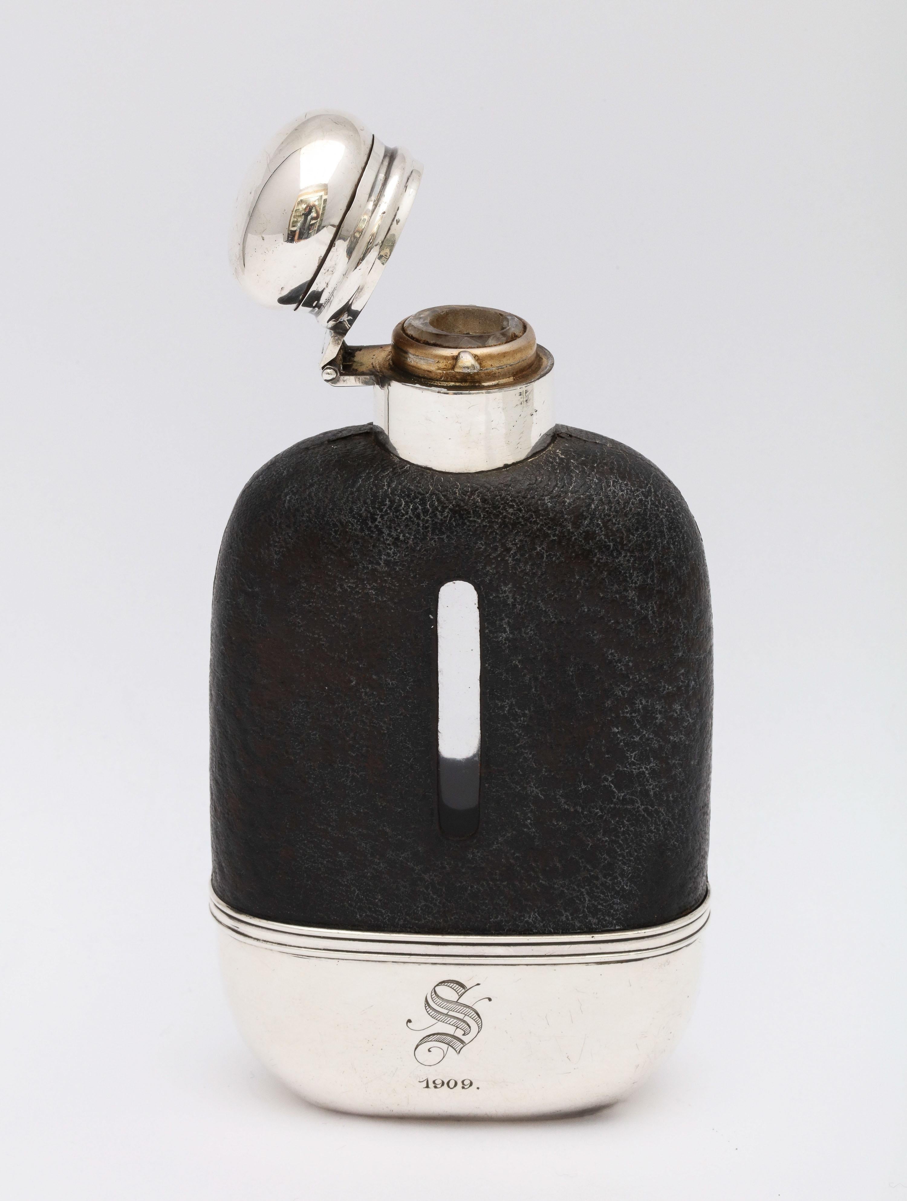 Edwardian Period Sterling Silver and Leather, Mounted Glass Flask 6