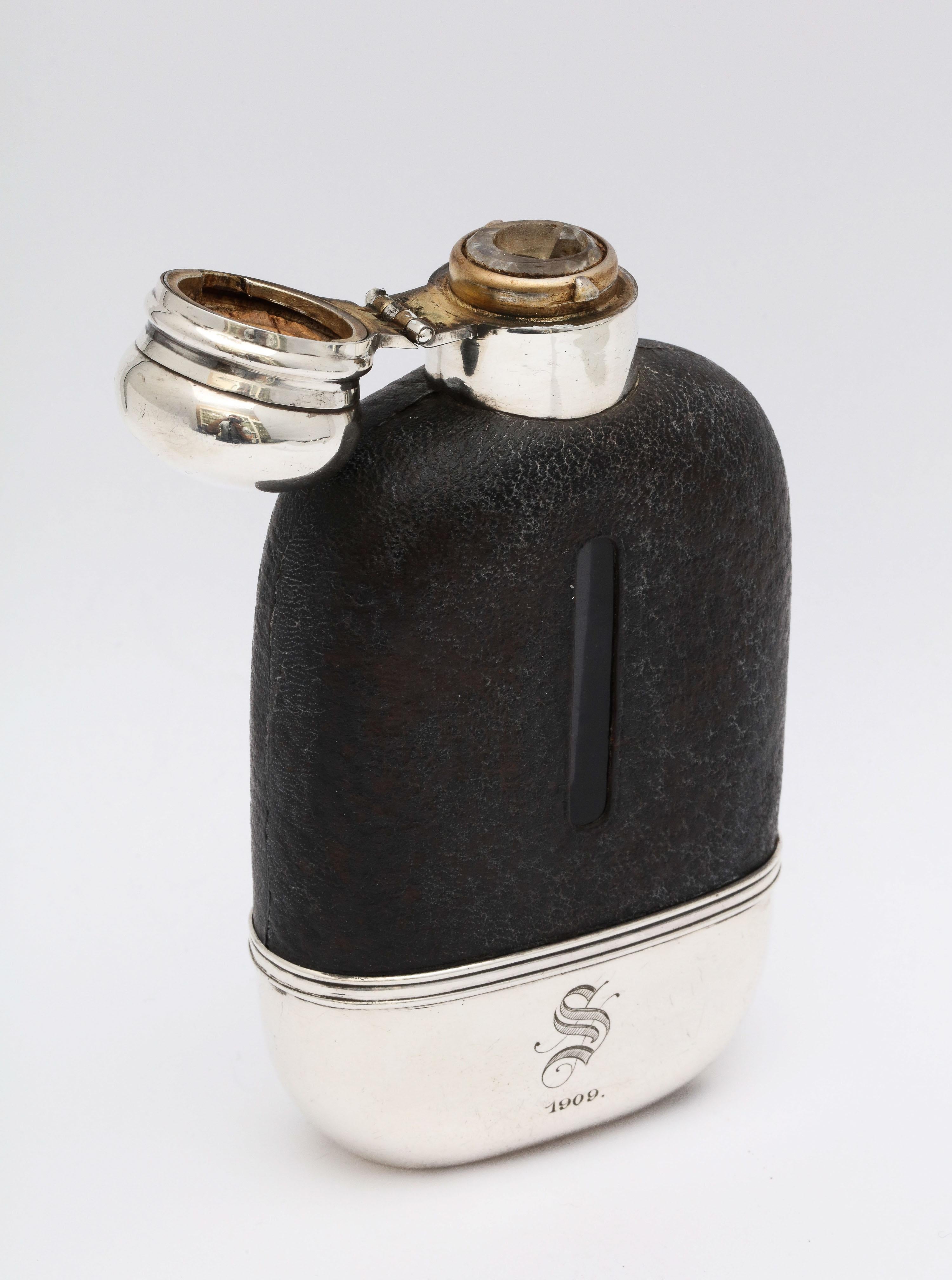 Edwardian Period Sterling Silver and Leather, Mounted Glass Flask 7