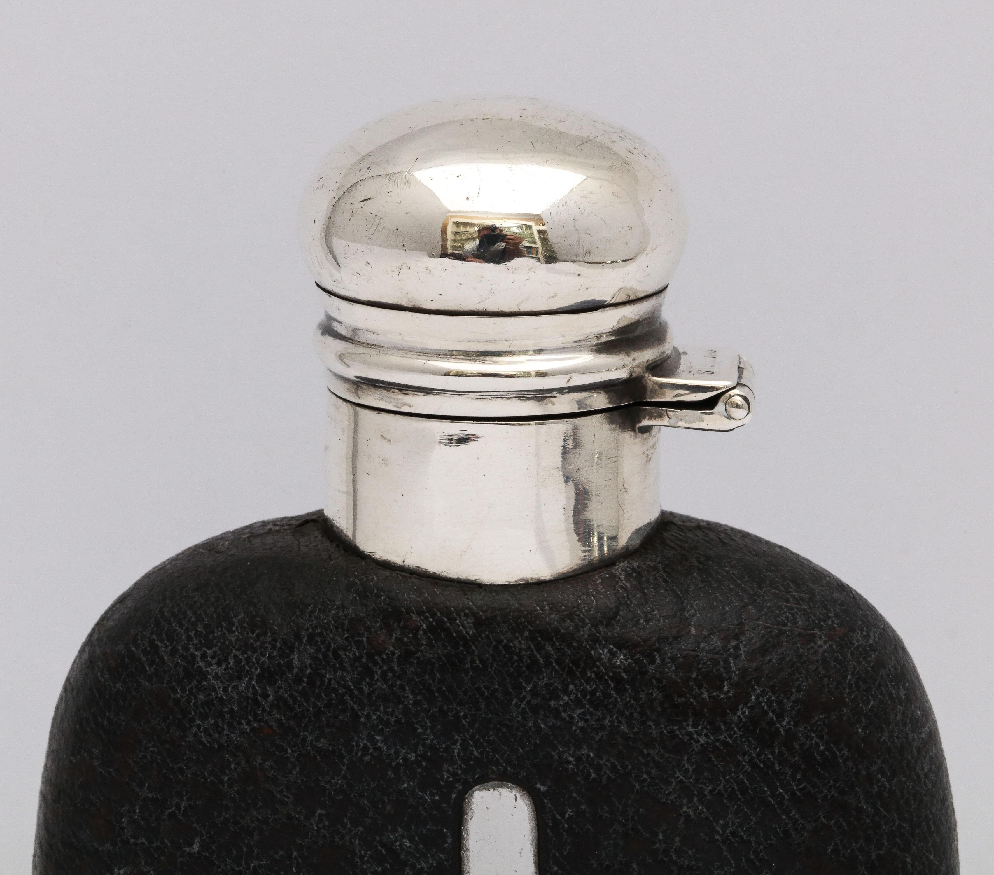 American Edwardian Period Sterling Silver and Leather, Mounted Glass Flask