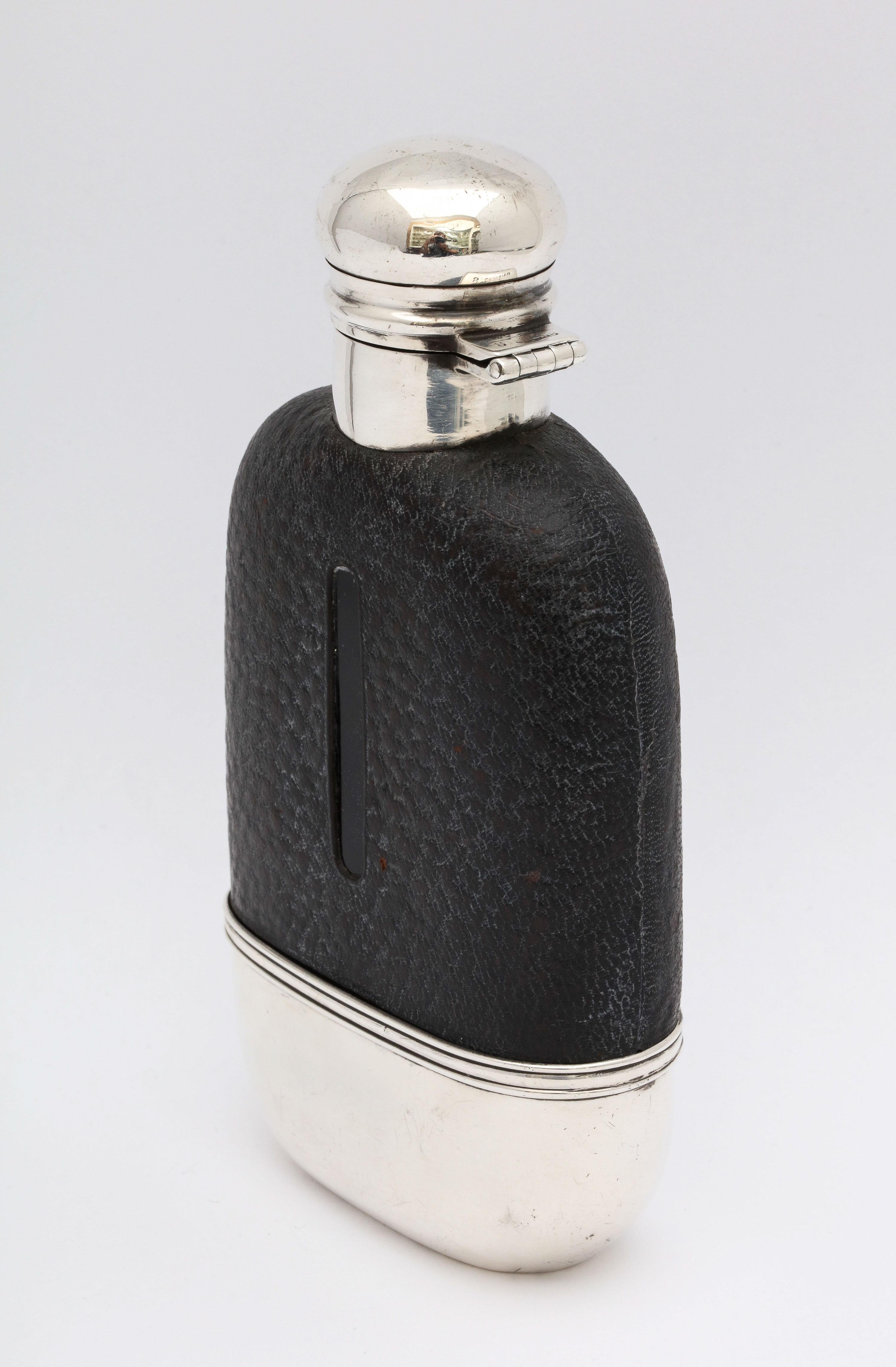 Gilt Edwardian Period Sterling Silver and Leather, Mounted Glass Flask