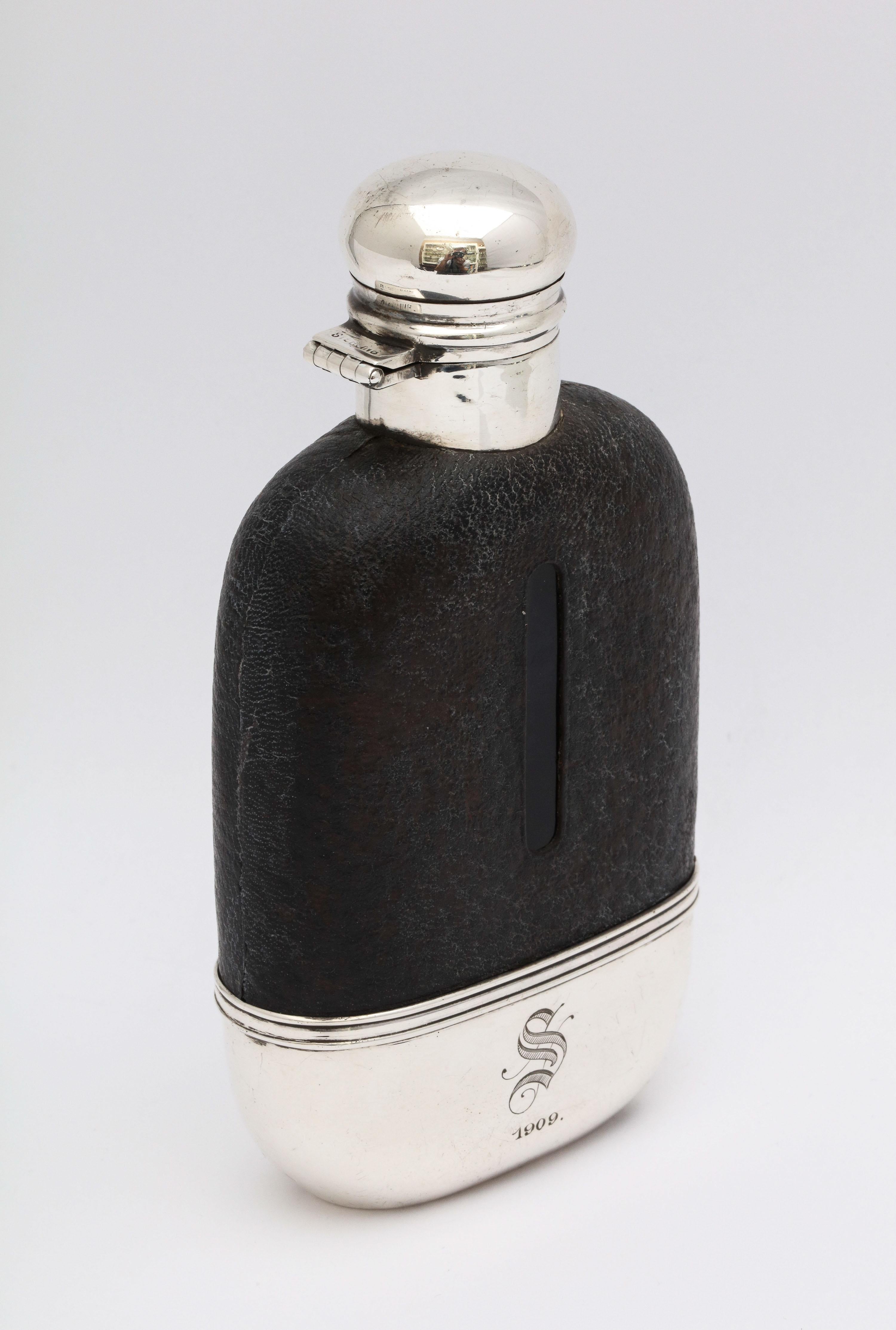 Early 20th Century Edwardian Period Sterling Silver and Leather, Mounted Glass Flask