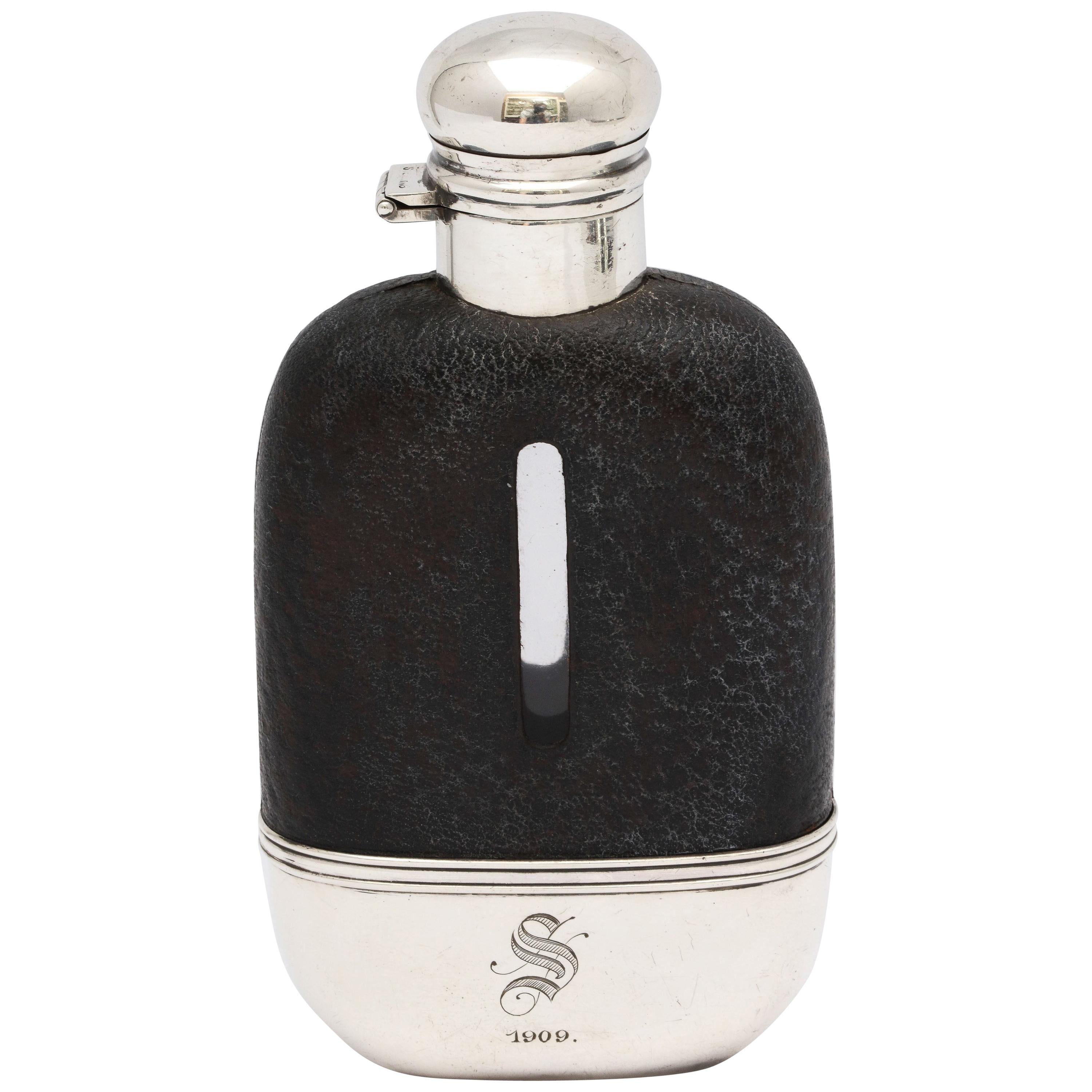 Edwardian Period Sterling Silver and Leather, Mounted Glass Flask