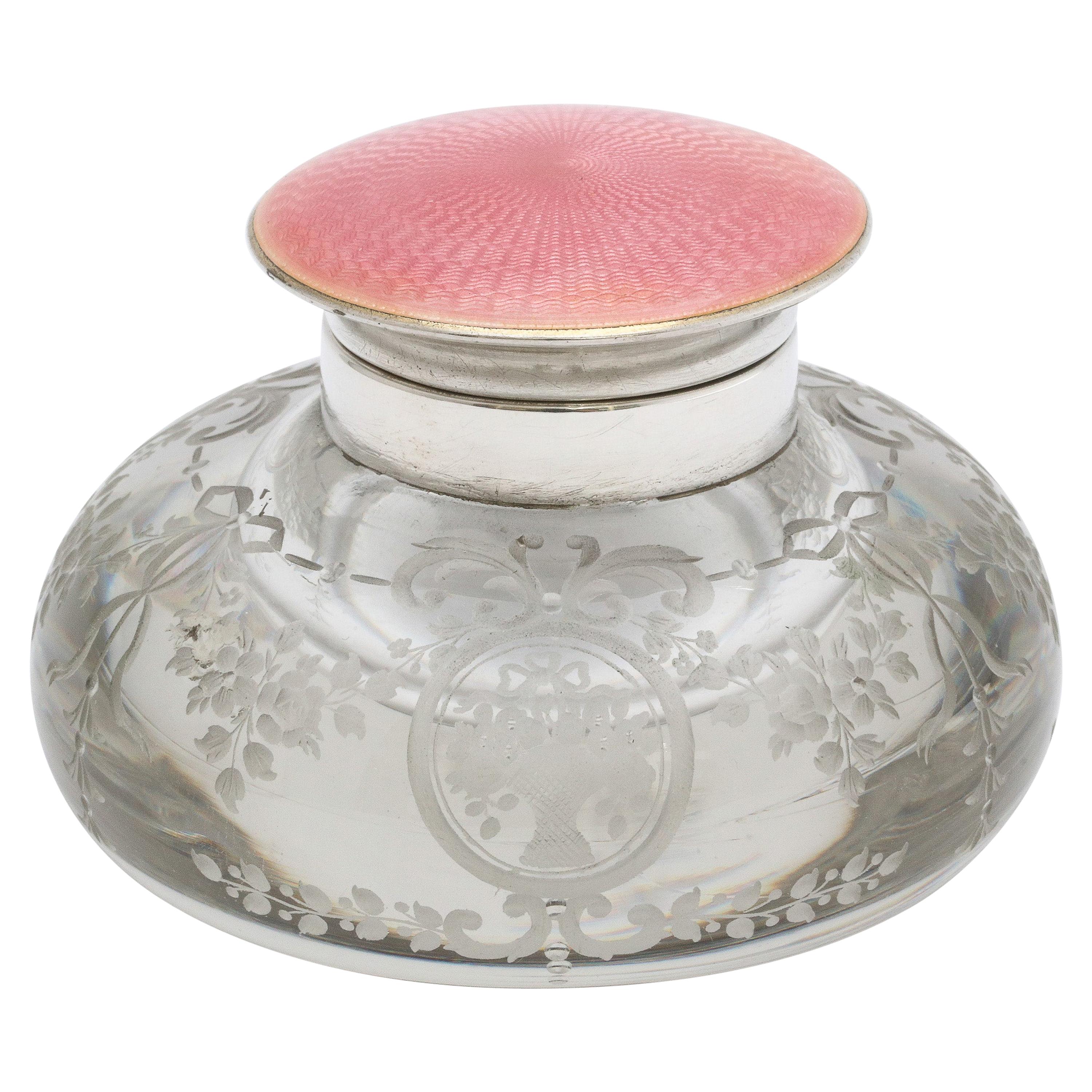 Edwardian Period Sterling Silver and Pink Enamel-Mounted Crystal Inkwell