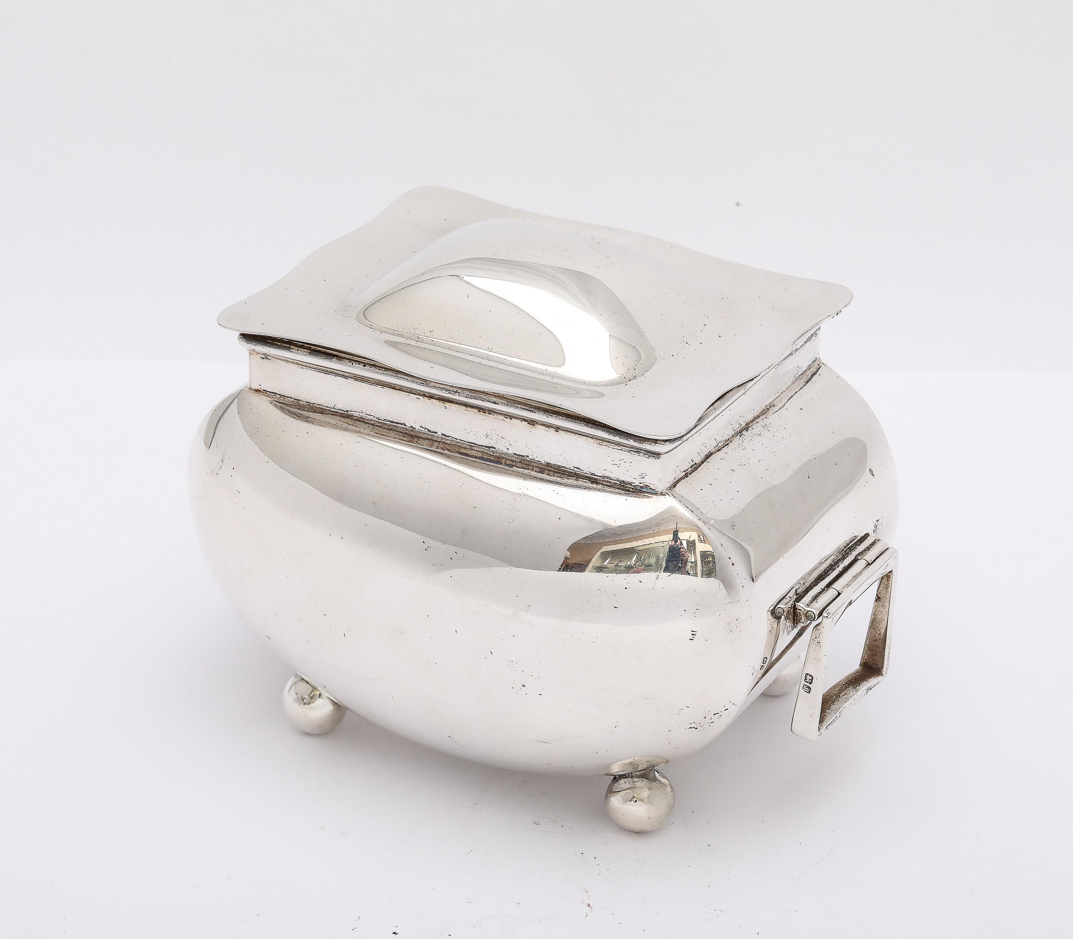 English Edwardian Period Sterling Silver Ball-Footed Tea Caddy With HInged Lid For Sale