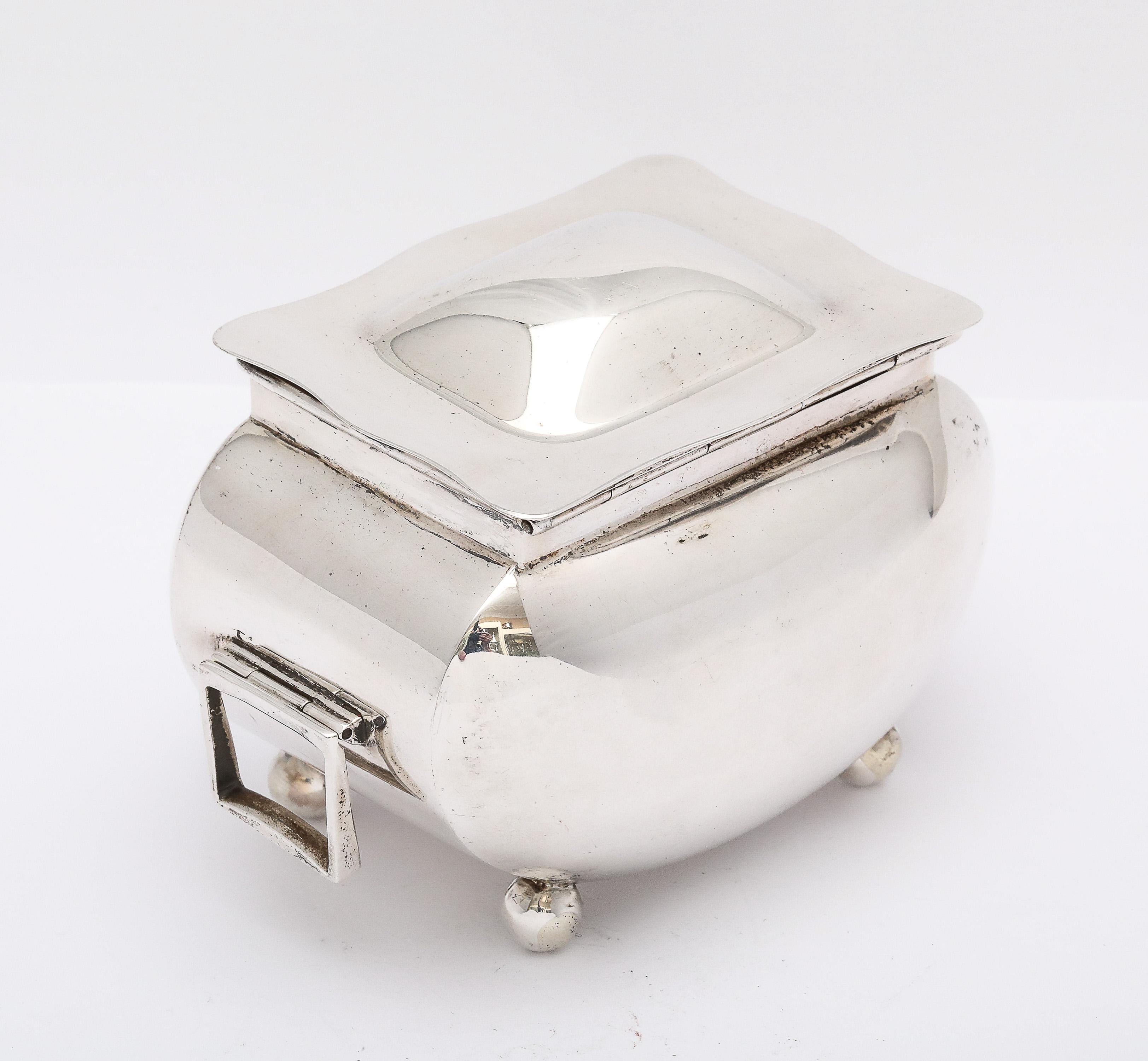 Early 20th Century Edwardian Period Sterling Silver Ball-Footed Tea Caddy With HInged Lid For Sale