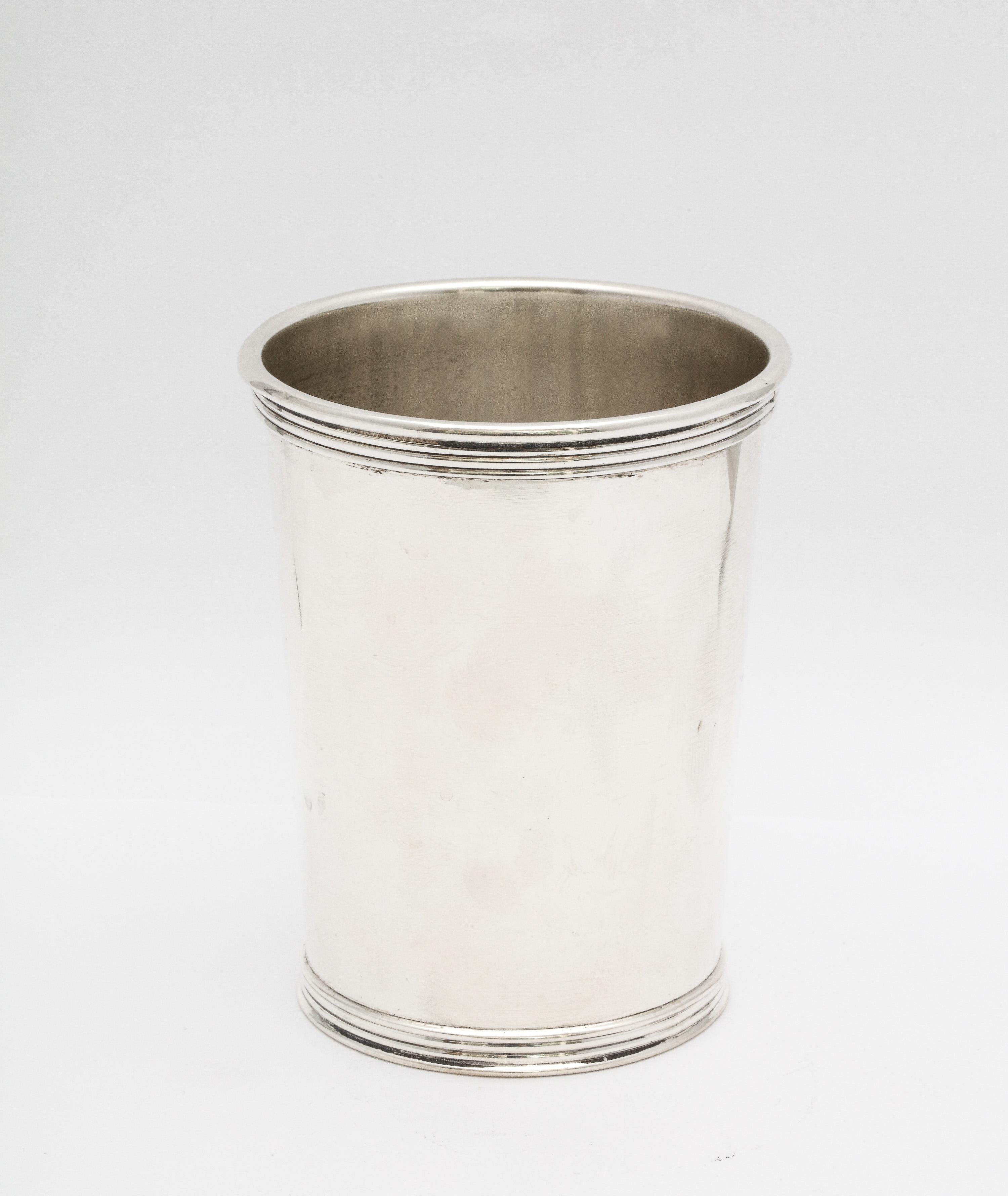 Edwardian period sterling silver mint julep cup, Simpson, Hall, Miller Co. (Division of International Silver Co.), Wallingford, Ct., circa 1910. Measures just under 4 inches high x 3 1/16 inches diameter across opening x 2 1/2 diameter across base.