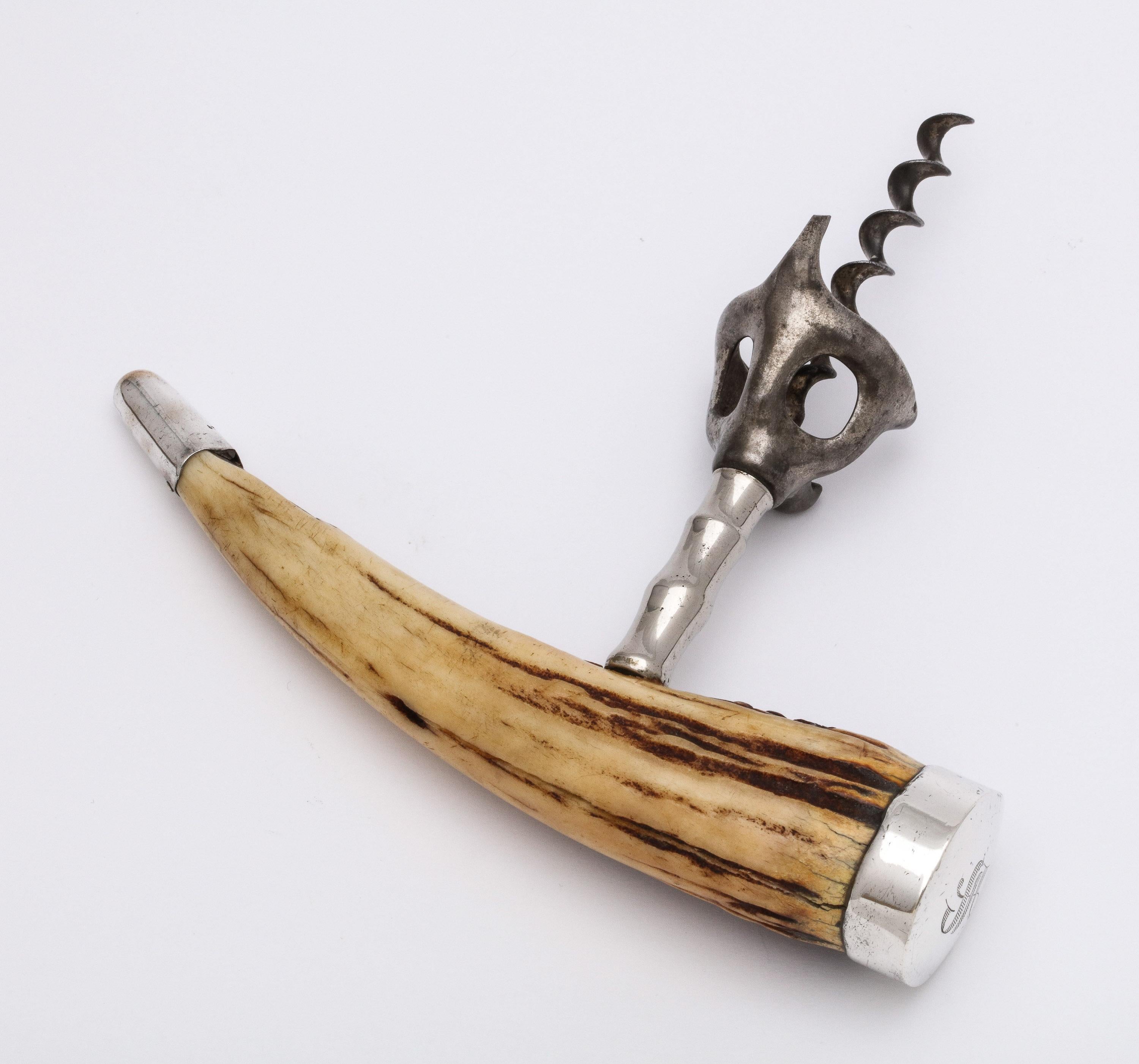 Edwardian Period Sterling Silver-Mounted Boar's Tusk Corkscrew In Good Condition In New York, NY