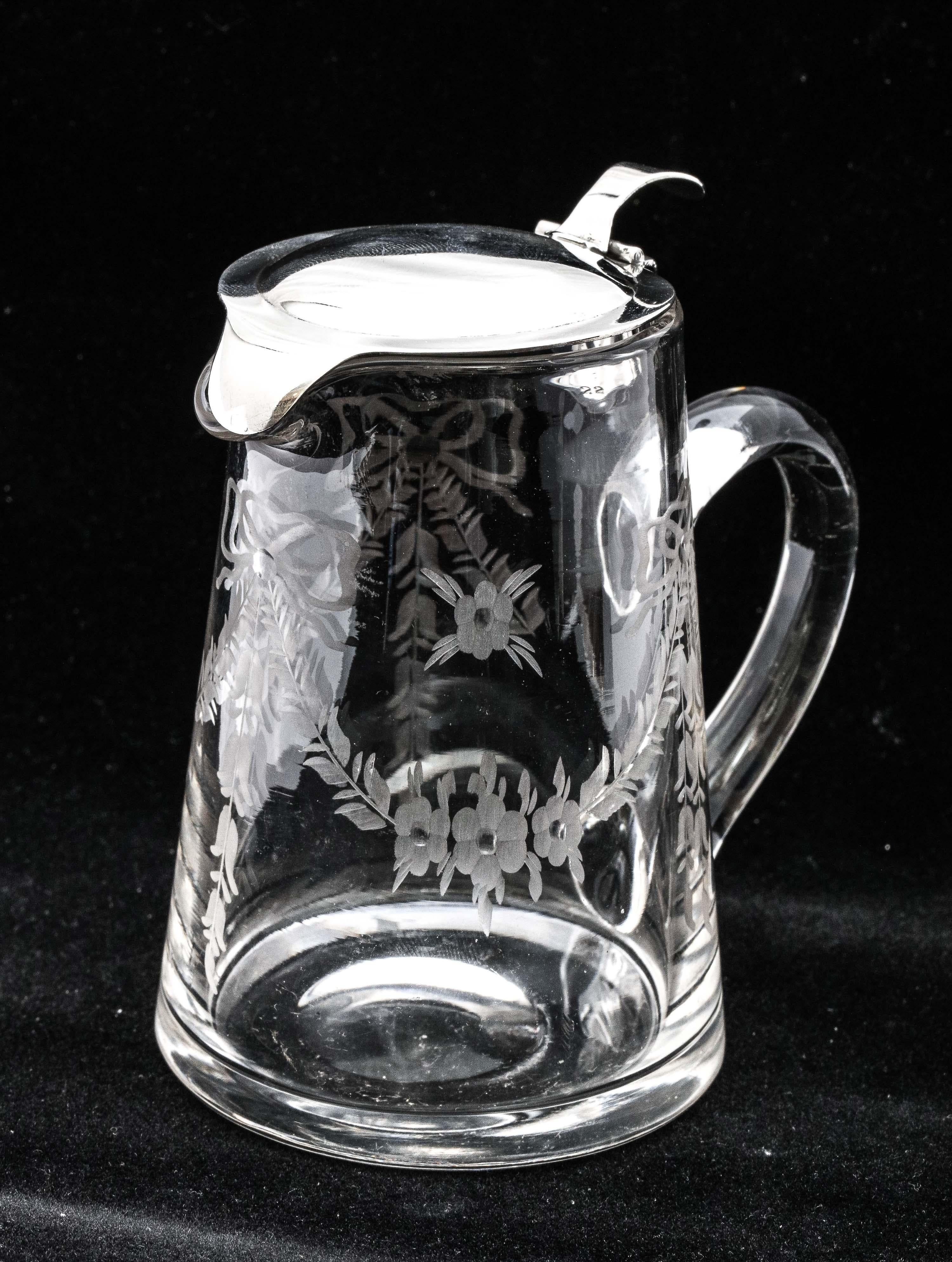 Edwardian Period Sterling Silver-Mounted Etched Glass Syrup Jug By Hawkes For Sale 13