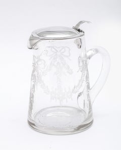 Edwardian Period Sterling Silver-Mounted Etched Glass Syrup Jug By Hawkes