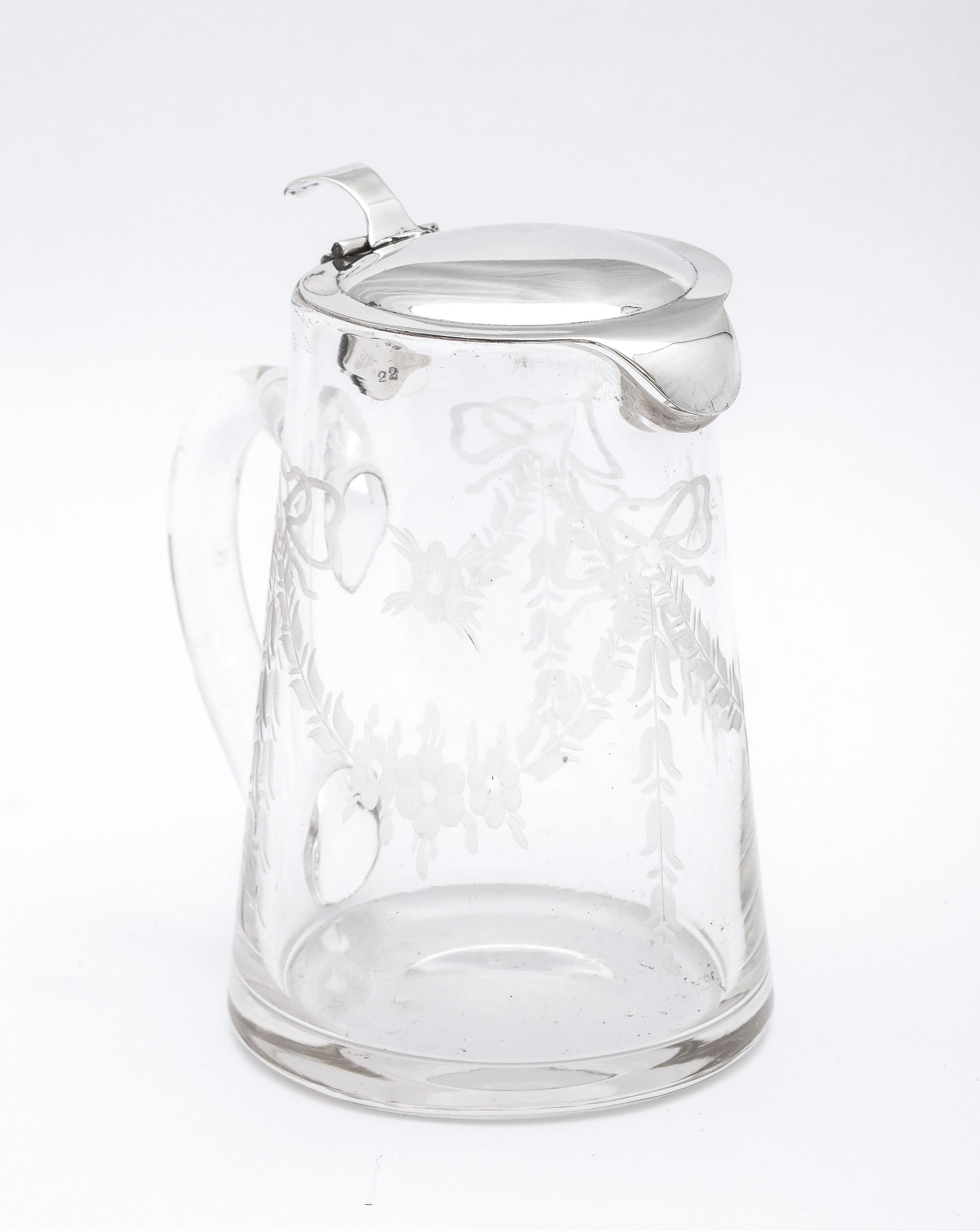Early 20th Century Edwardian Period Sterling Silver-Mounted Etched Glass Syrup Jug By Hawkes For Sale