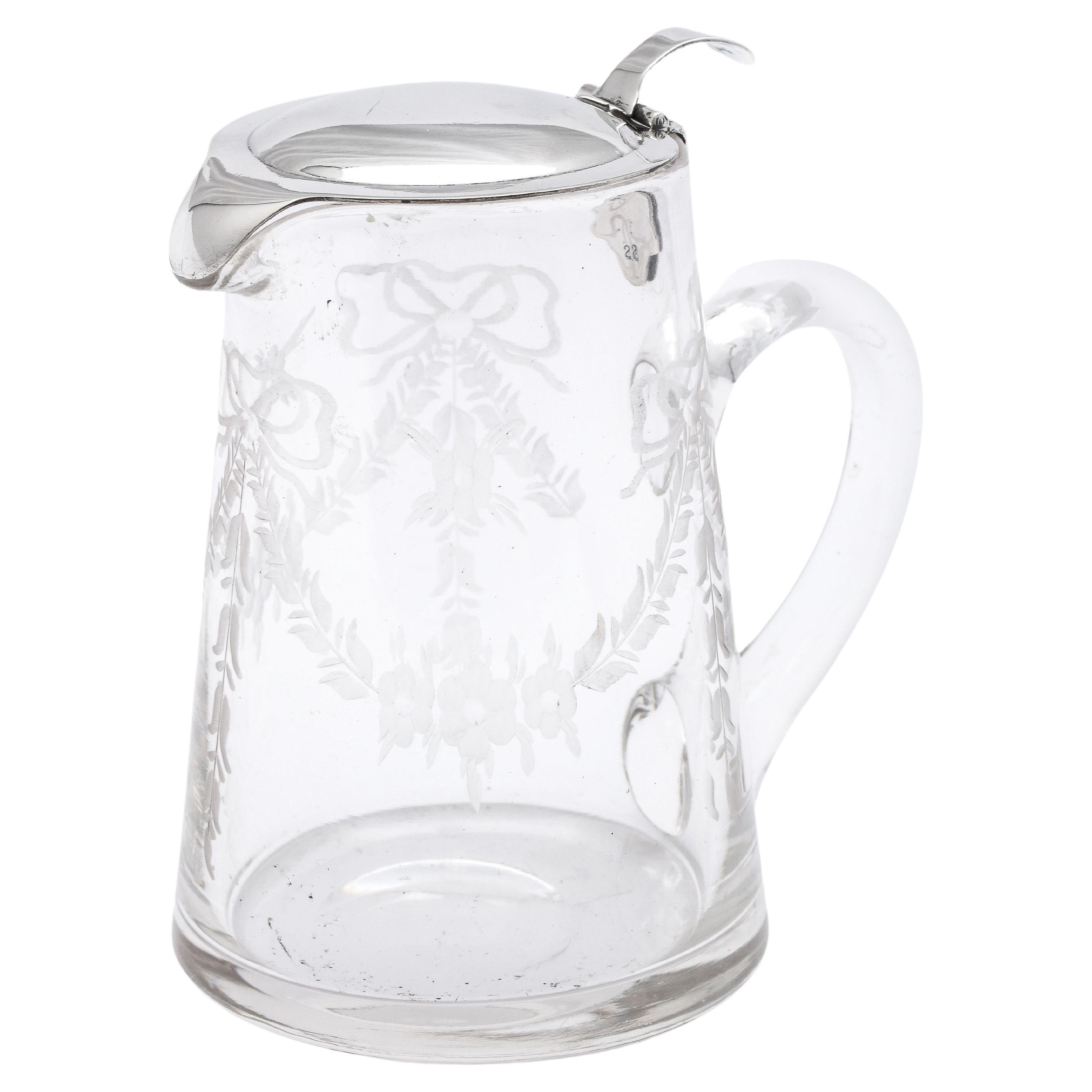 Edwardian Period Sterling Silver-Mounted Etched Glass Syrup Jug By Hawkes For Sale