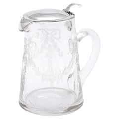 Antique Edwardian Period Sterling Silver-Mounted Etched Glass Syrup Jug By Hawkes