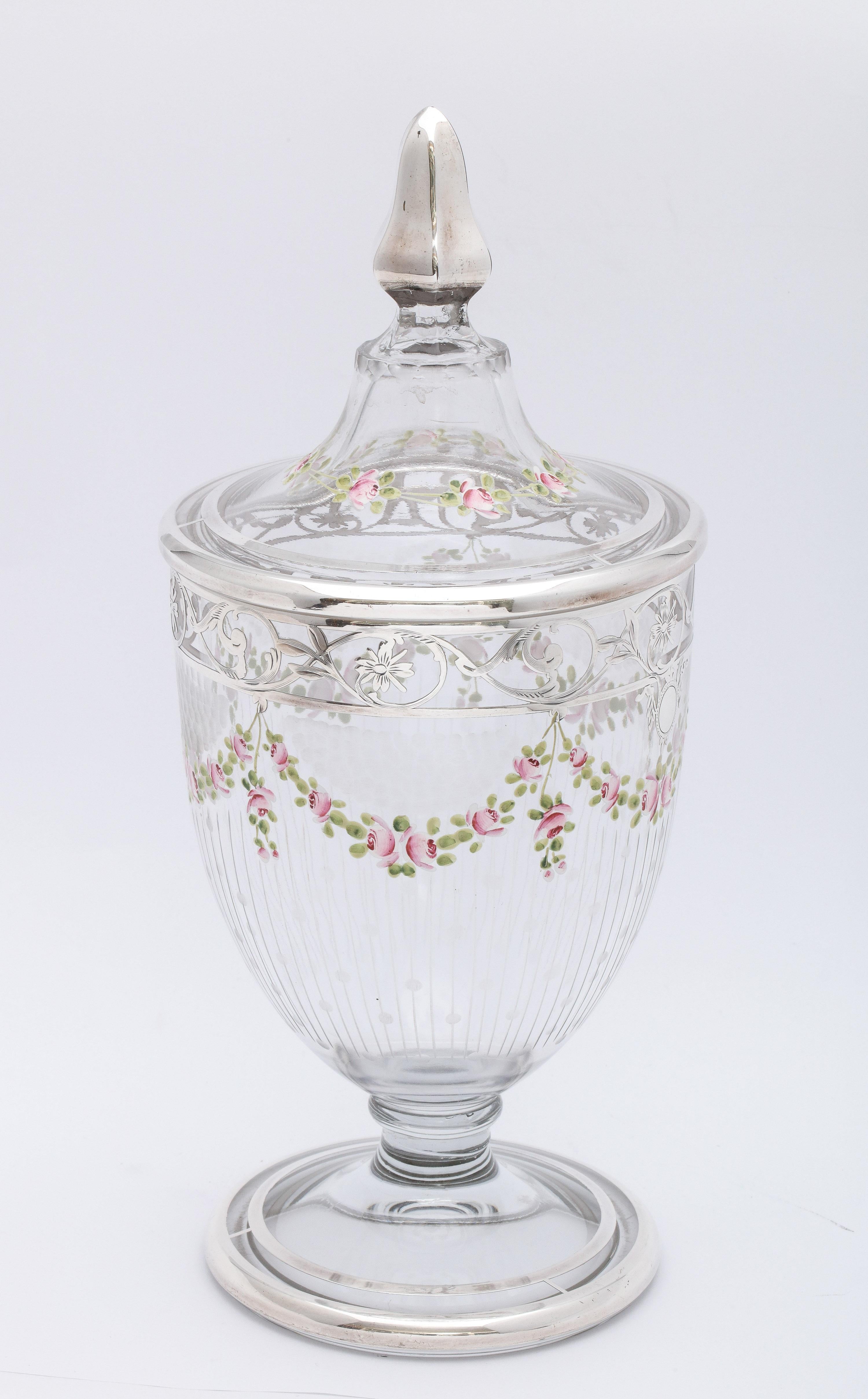 American Edwardian Period Sterling Silver-Overlay and Enamel Sweetmeats Jar For Sale