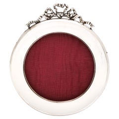Antique Edwardian Period Sterling Silver Round Wood-Backed Picture Frame With Bow Finial