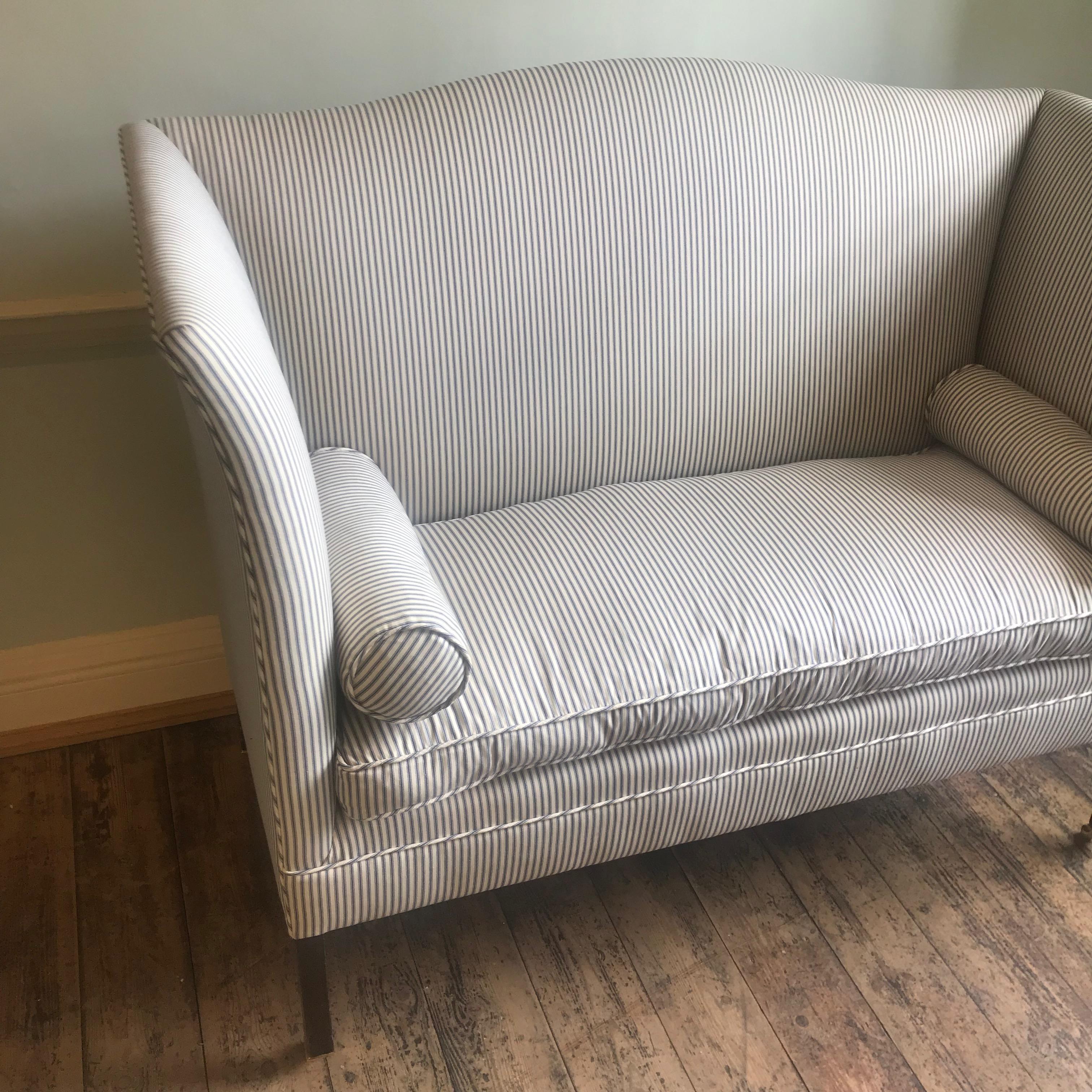 British Edwardian Period Wingback Sofa Newly Upholstered in Striped Ticking For Sale