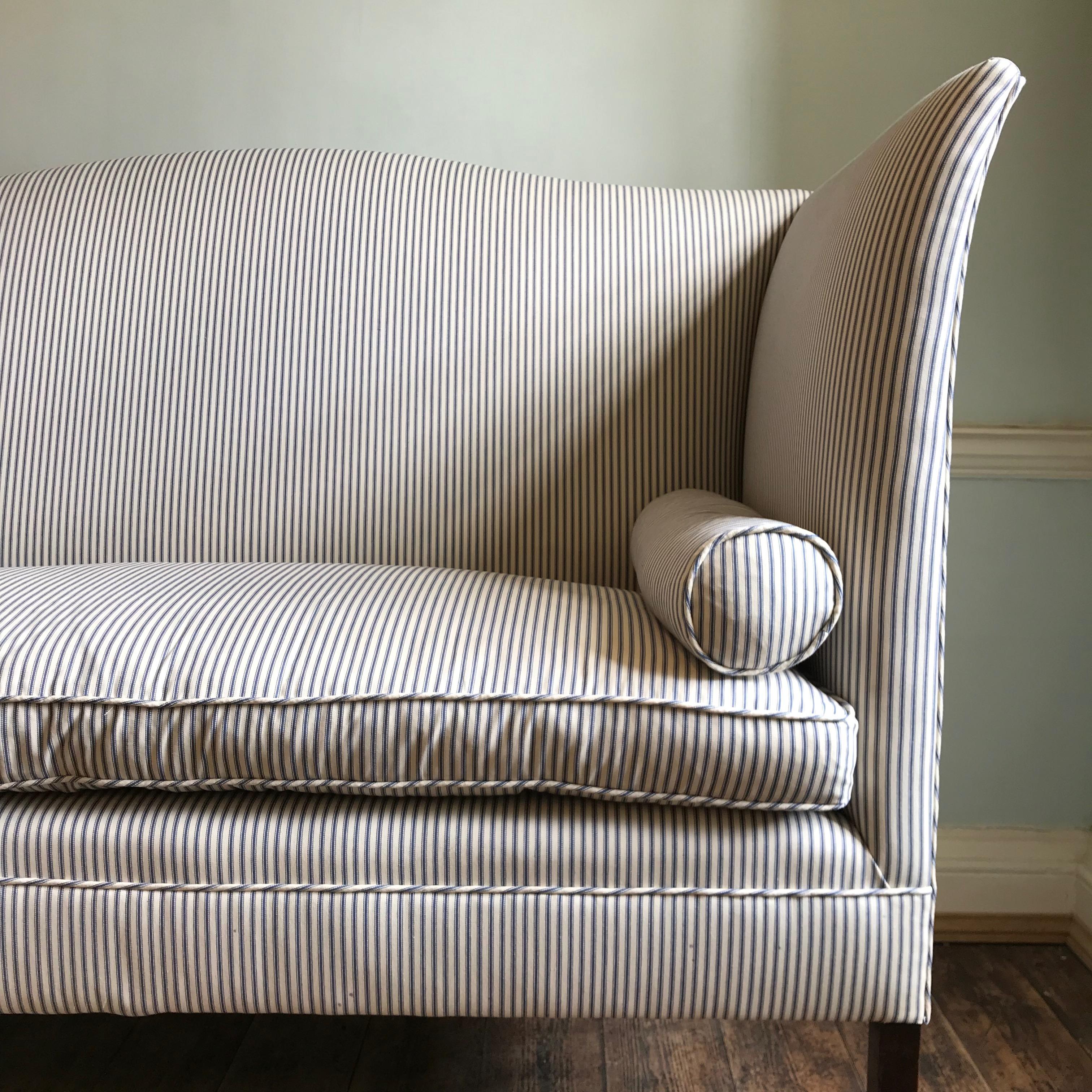 20th Century Edwardian Period Wingback Sofa Newly Upholstered in Striped Ticking For Sale