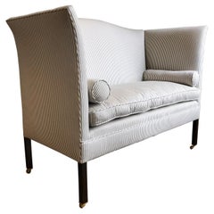 Edwardian Period Wingback Sofa Newly Upholstered in Striped Ticking