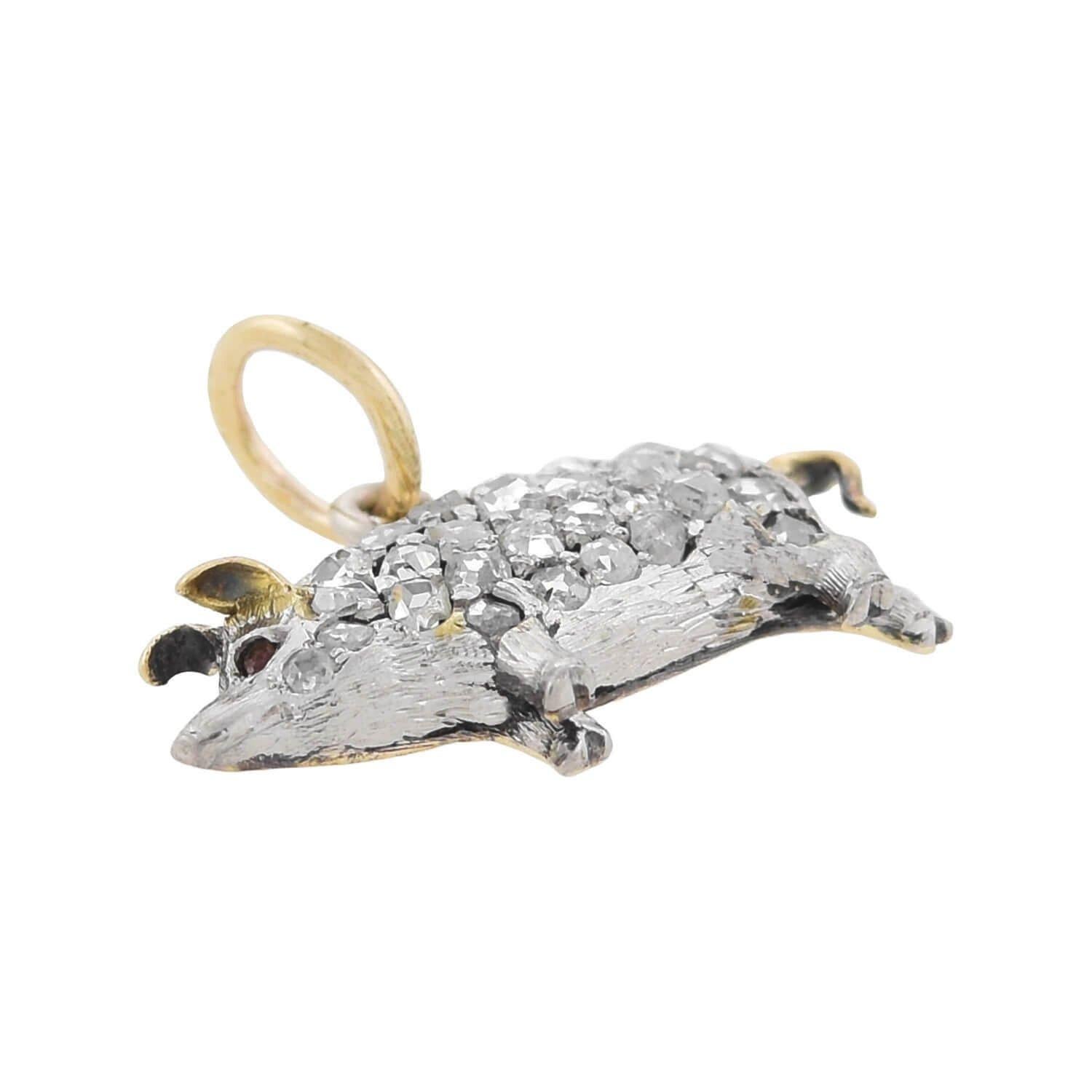 Edwardian Petite Old Rose Cut Diamond Pig Charm Pendant In Good Condition In Narberth, PA