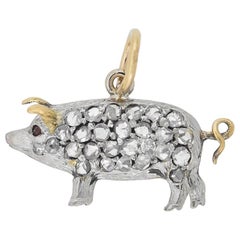 Antique Edwardian Petite Old Rose Cut Diamond Pig Charm Pendant