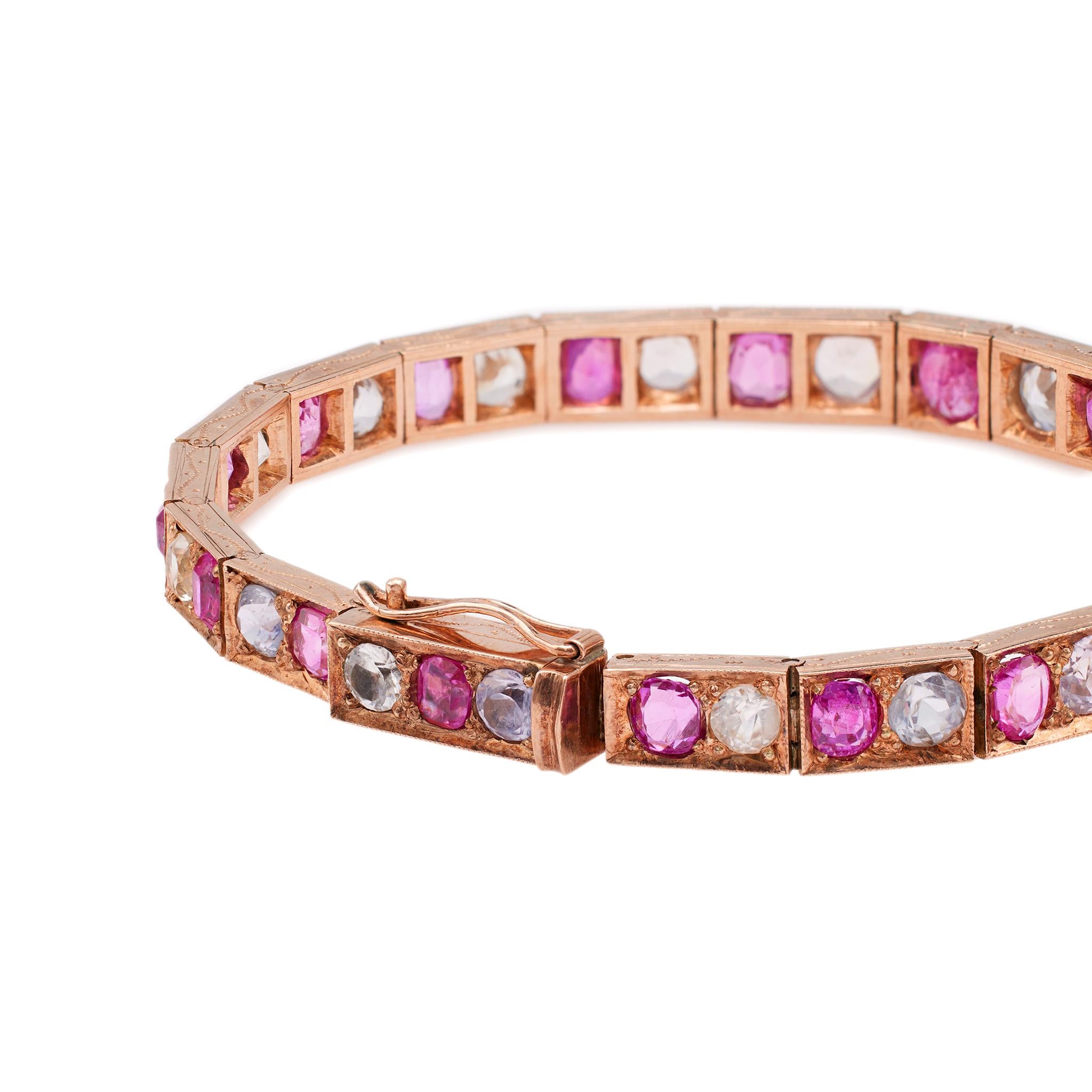 Women's or Men's Edwardian Pink and White Sapphire 9k Rose Gold Bracelet For Sale
