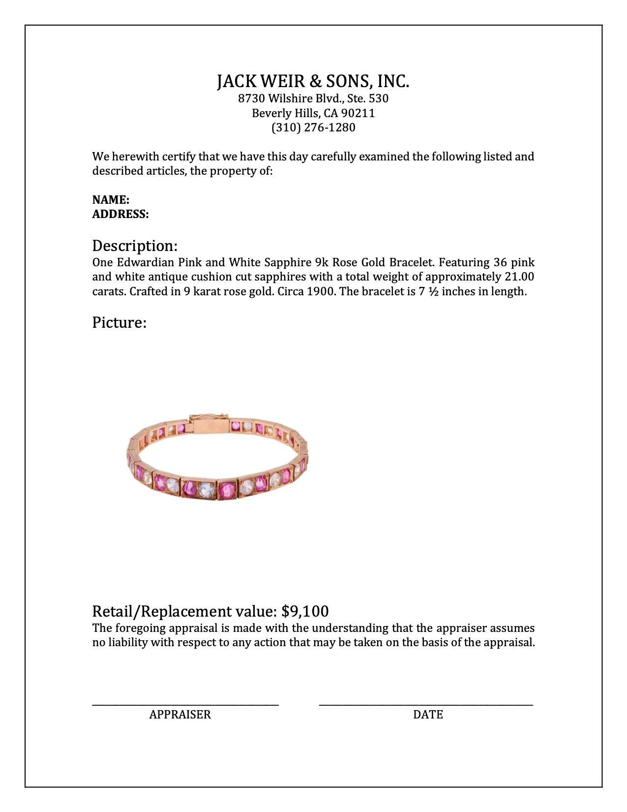 Edwardian Pink and White Sapphire 9k Rose Gold Bracelet For Sale 1