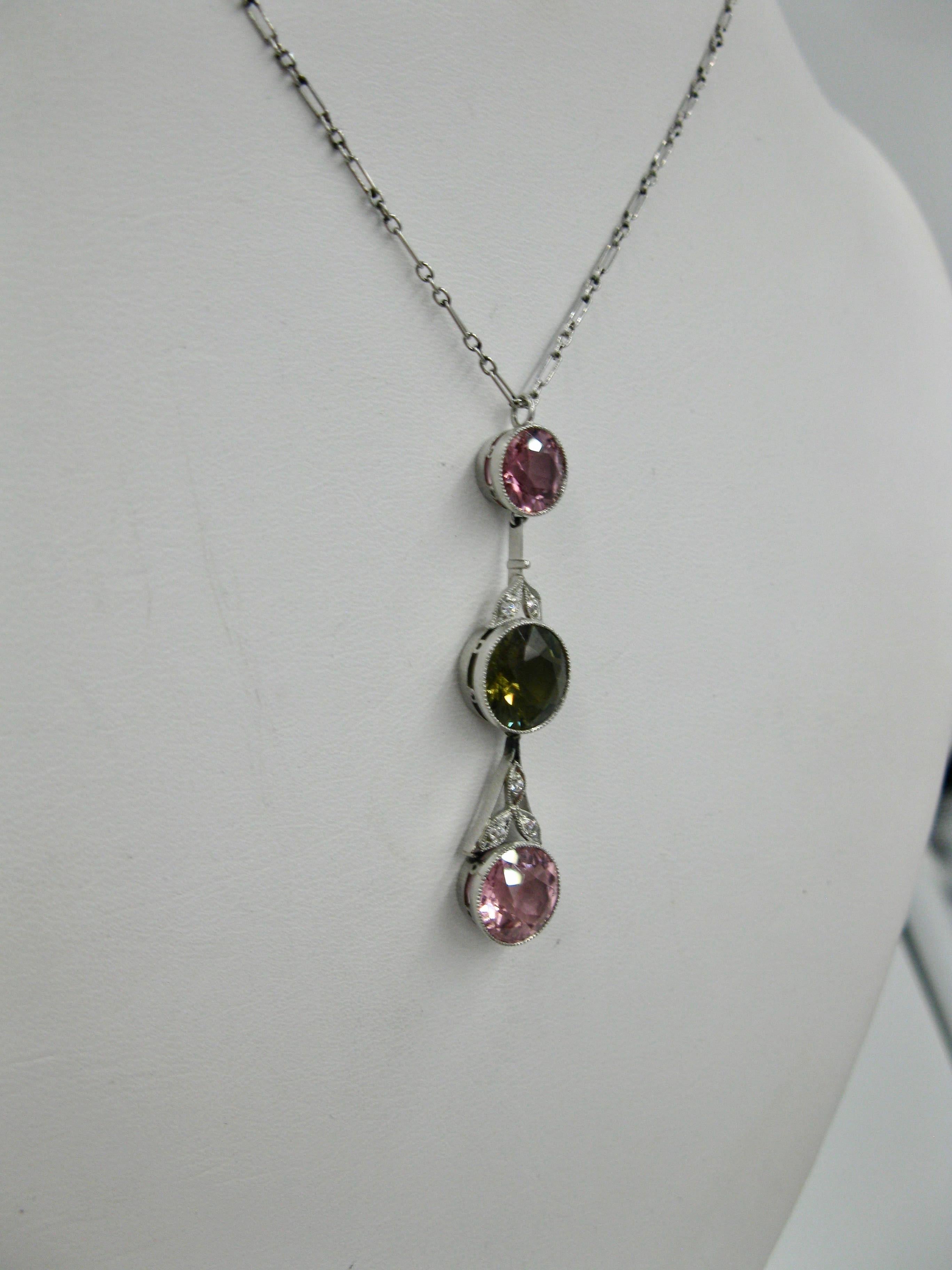 Pink Green Tourmaline Diamond Necklace Platinum Antique Art Deco For Sale 4