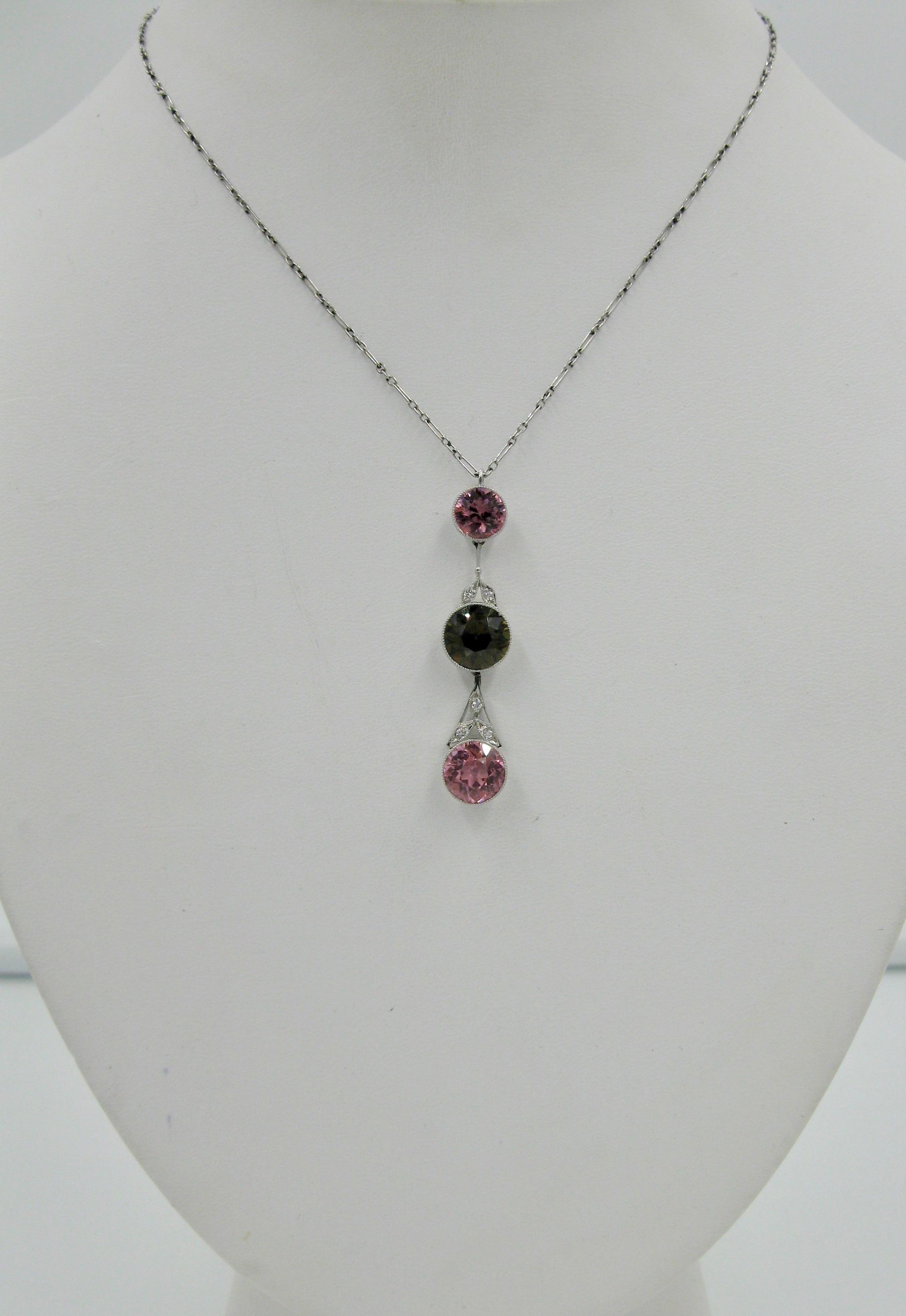 Pink Green Tourmaline Diamond Necklace Platinum Antique Art Deco For Sale 5