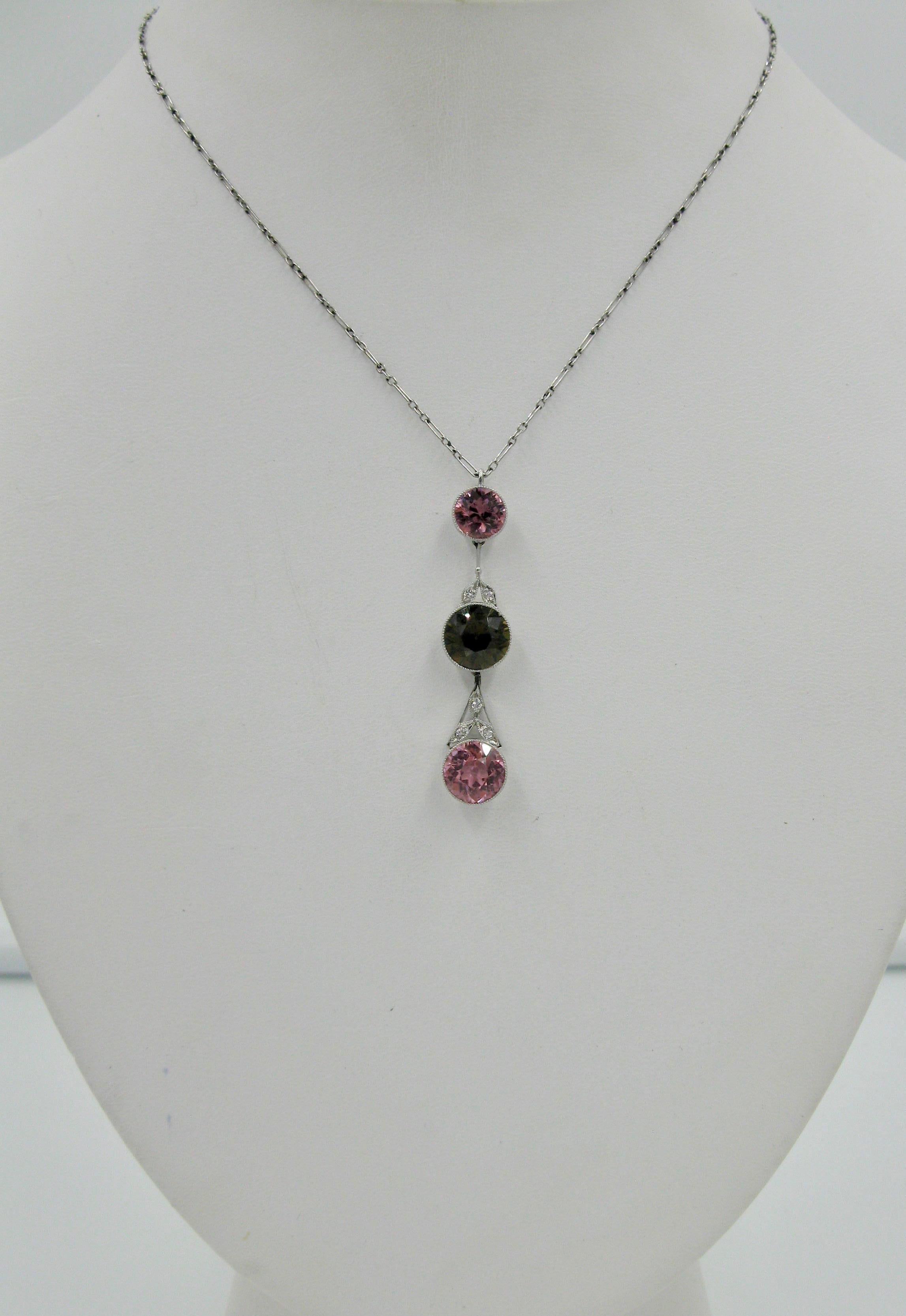 Pink Green Tourmaline Diamond Necklace Platinum Antique Art Deco For Sale 5