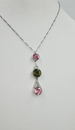 Pink Green Tourmaline Diamond Necklace Platinum Antique Art Deco