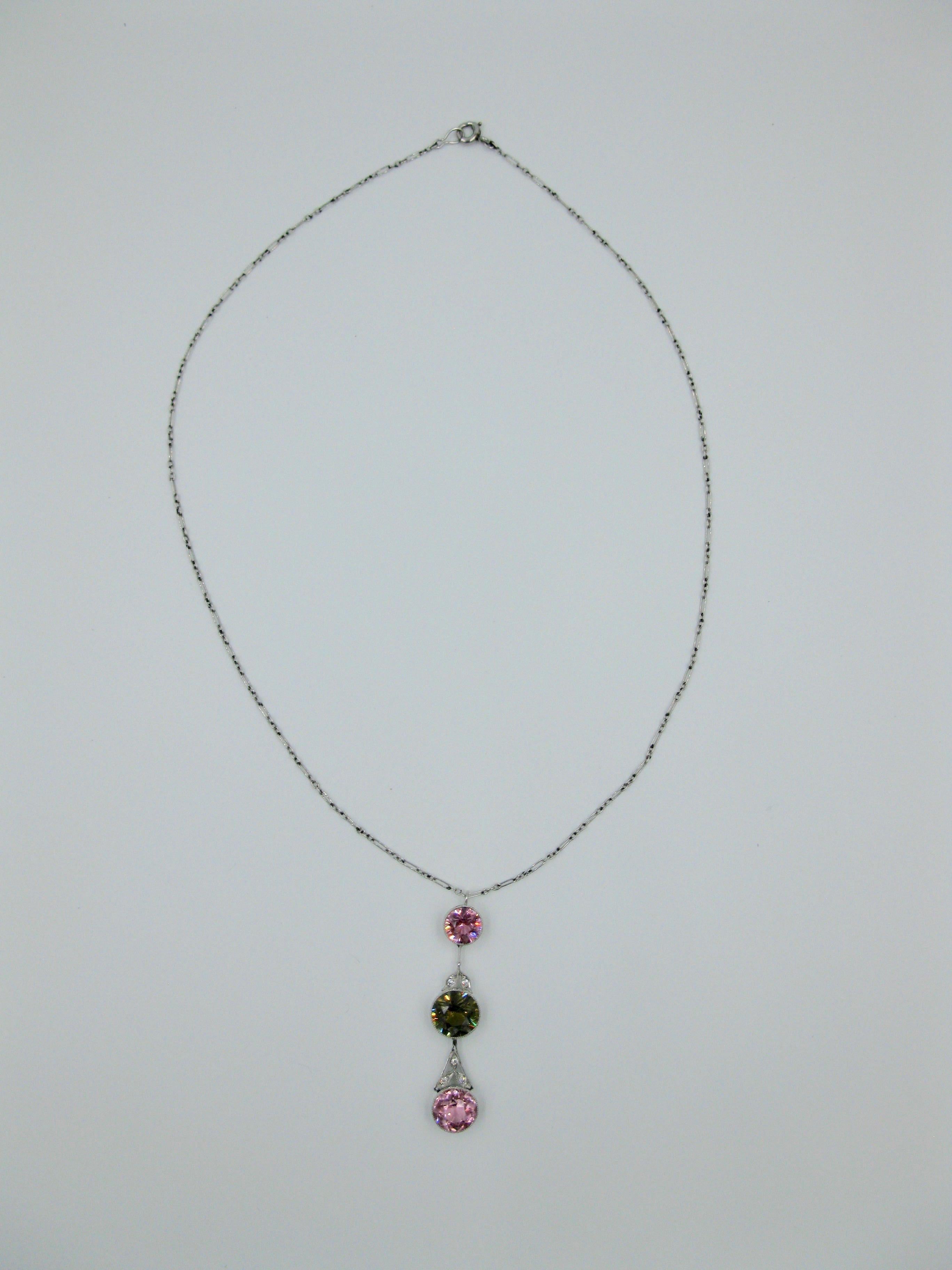 Round Cut Pink Green Tourmaline Diamond Necklace Platinum Antique Art Deco For Sale