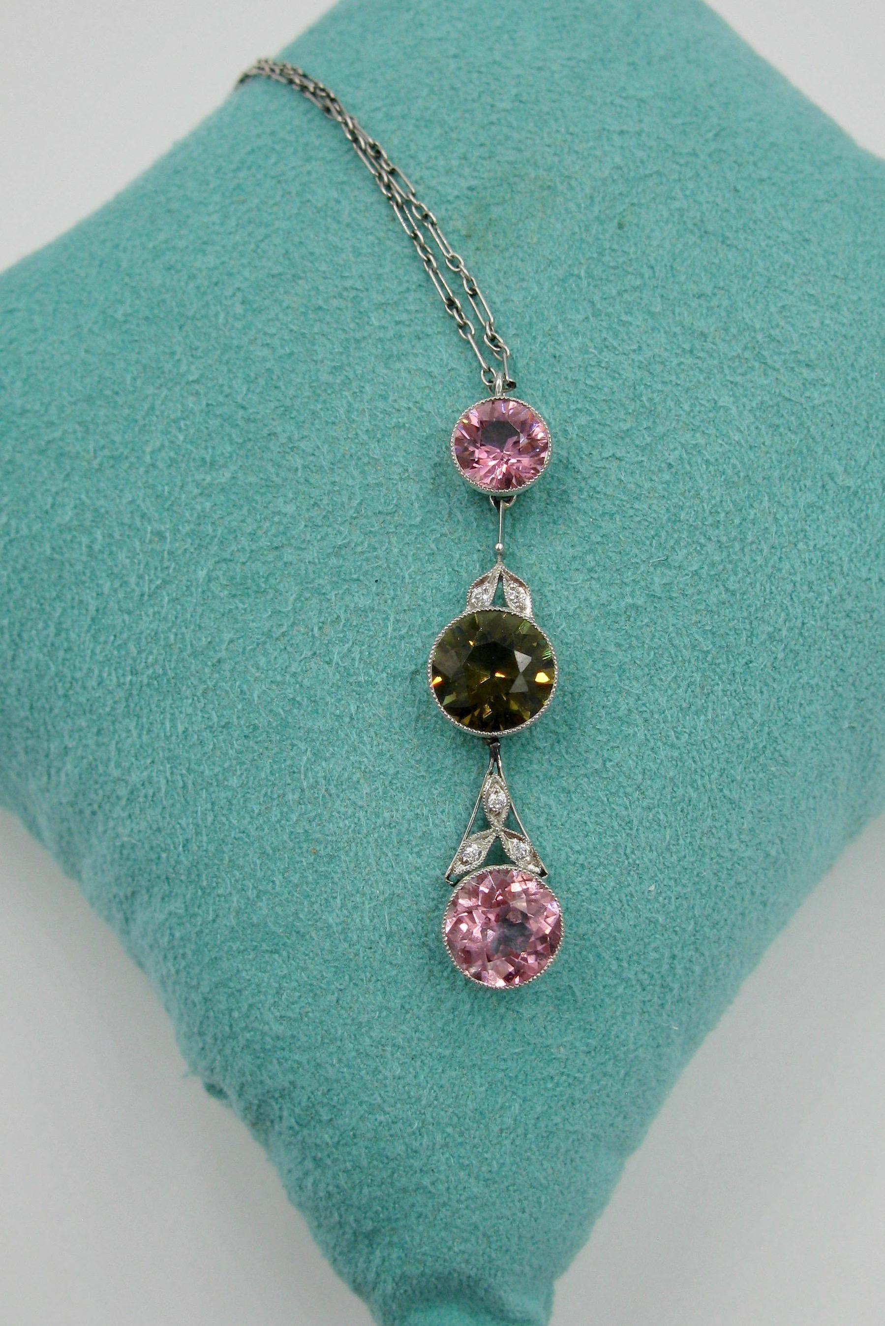 Pink Green Tourmaline Diamond Necklace Platinum Antique Art Deco In Excellent Condition For Sale In New York, NY