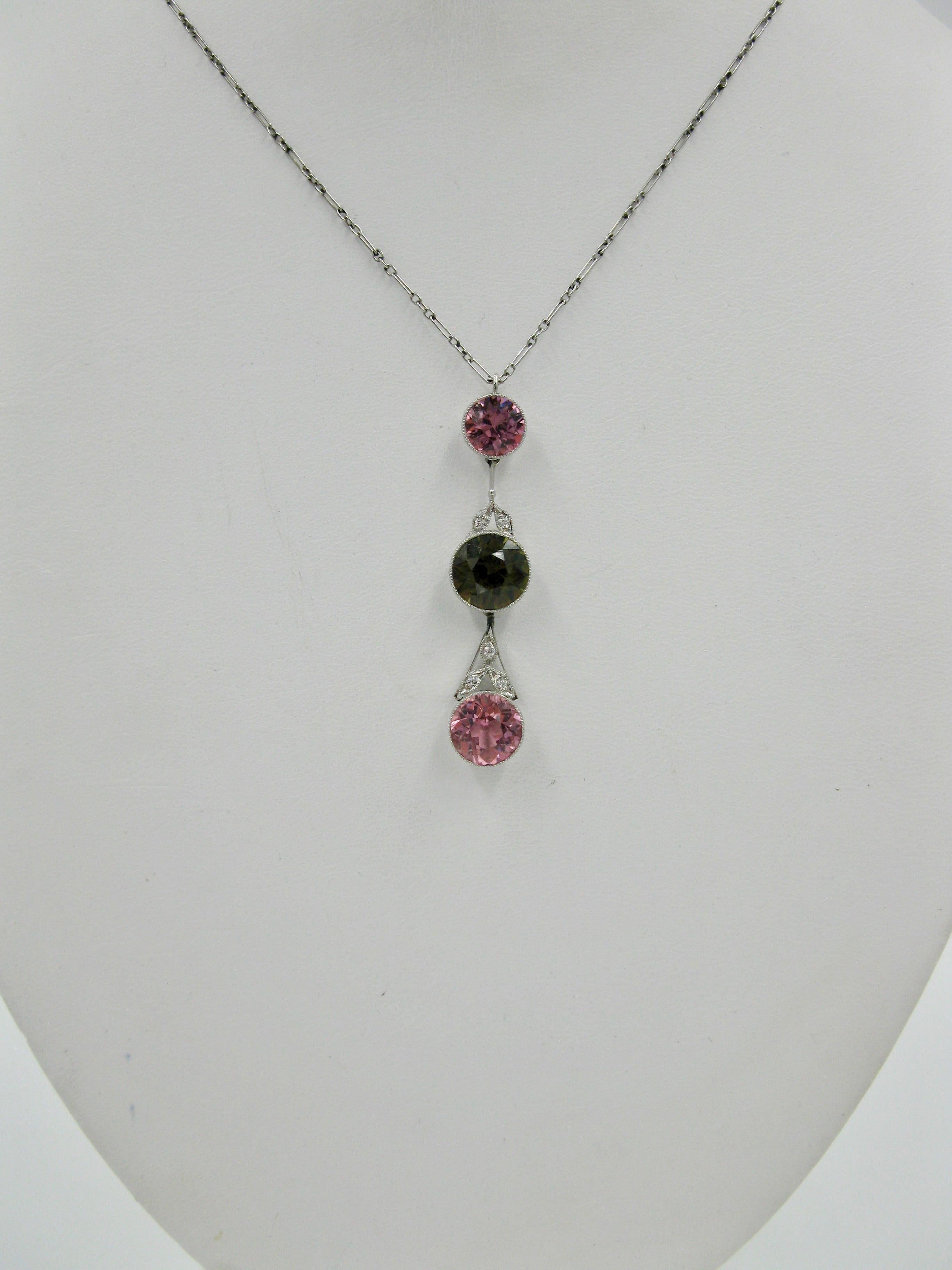 Pink Green Tourmaline Diamond Necklace Platinum Antique Art Deco For Sale 1
