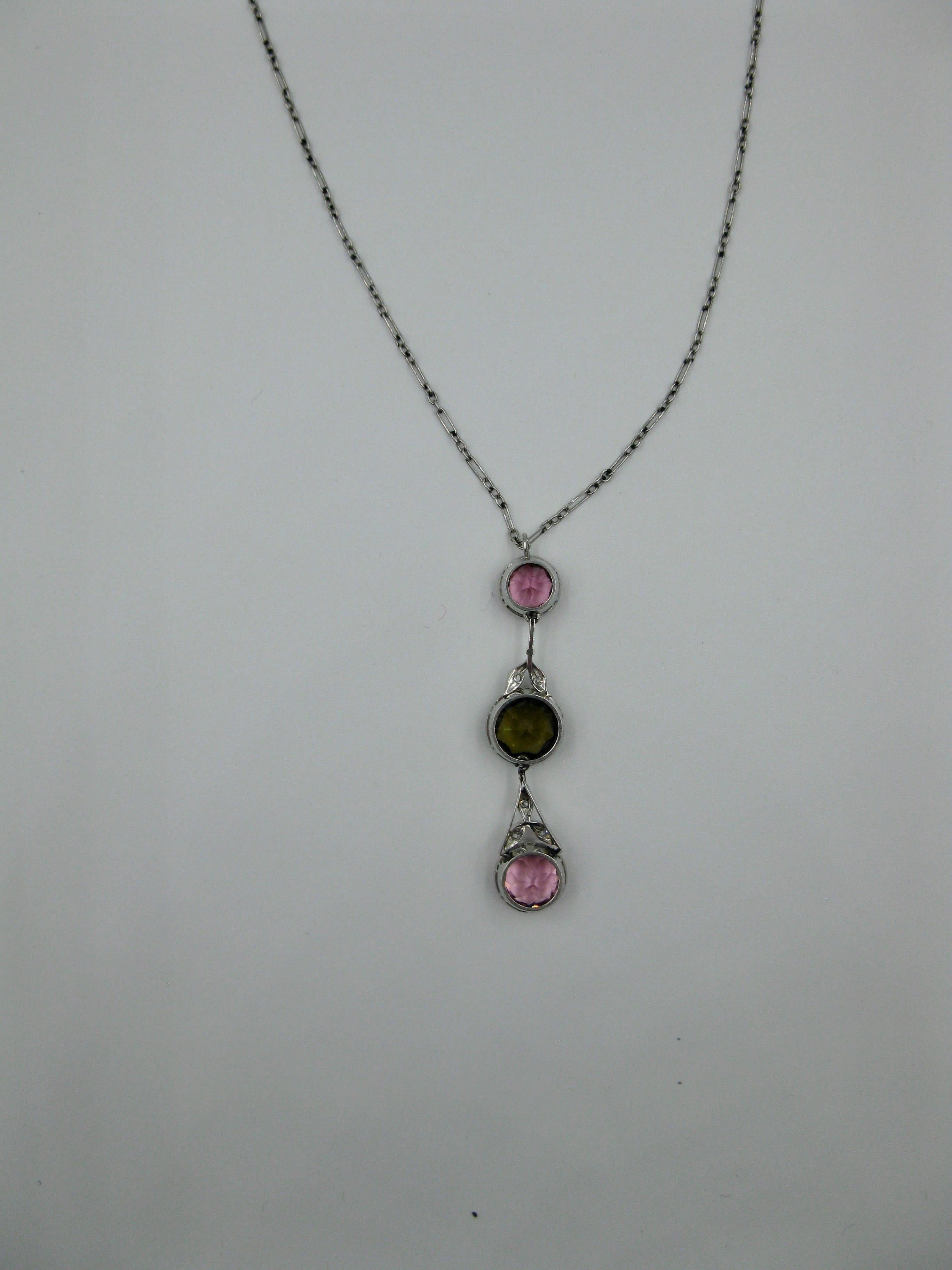 Pink Green Tourmaline Diamond Necklace Platinum Antique Art Deco For Sale 3